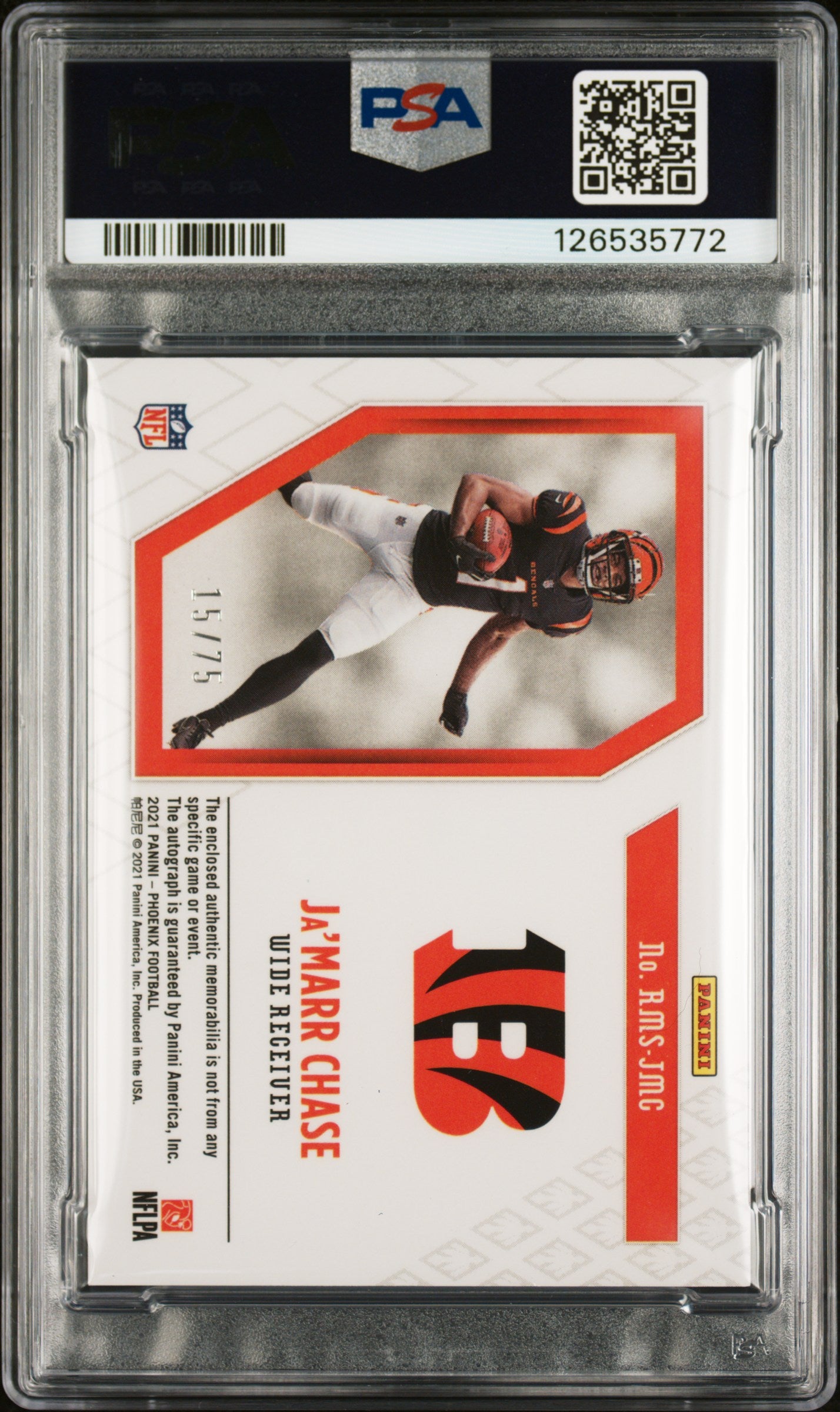 Ja'Marr Chase 2021 Panini Phoenix Rising Rookie Ball Auto #15/75 PSA 6 Auto 10