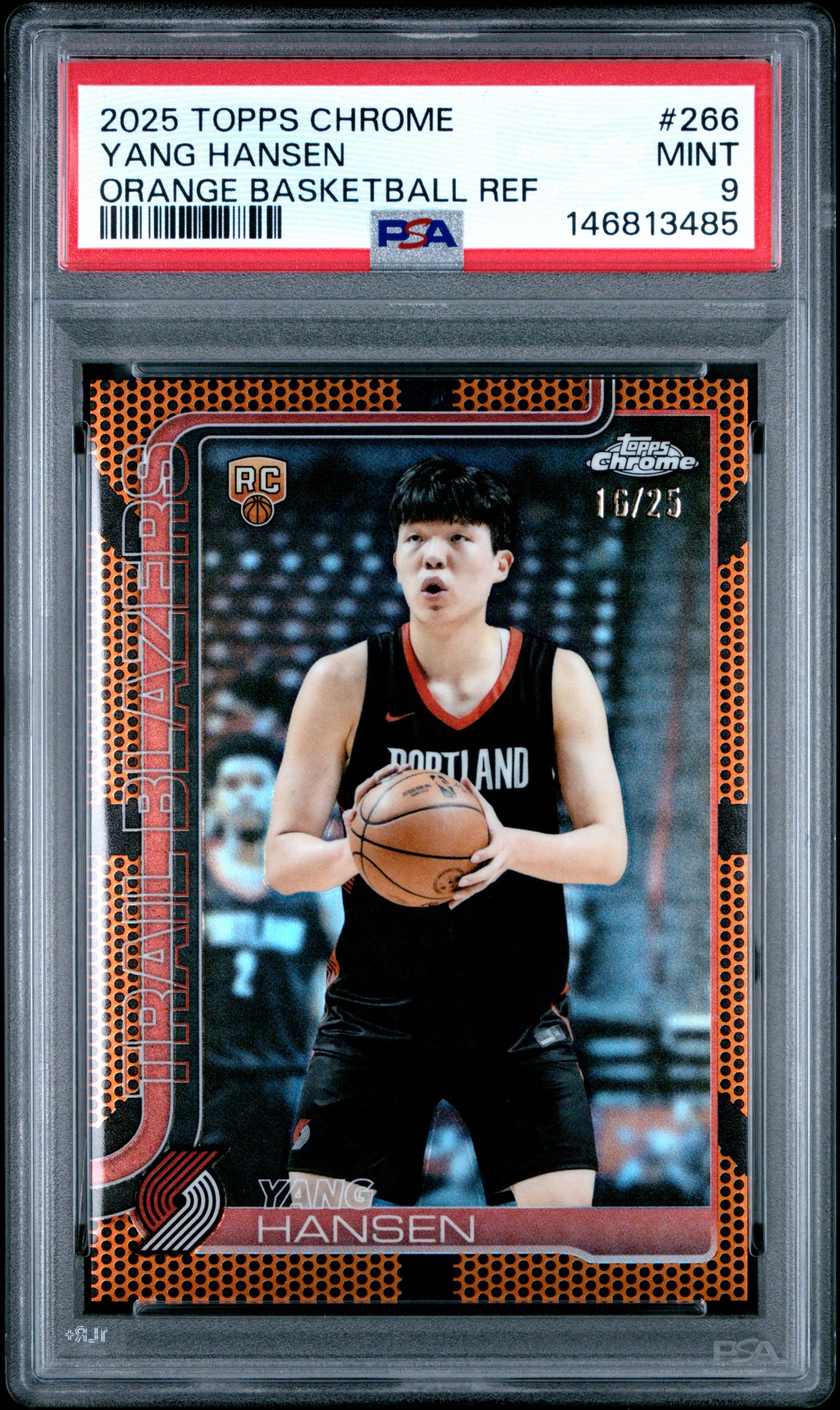 Yang Hansen 2025 Topps Chrome #266 Orange Basketball Refractor #16/25 PSA 9 Mint