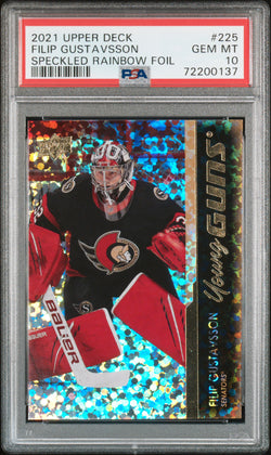 Filip Gustavsson 2021 Upper Deck Rookie #225 Speckled Rainbow Foil PSA 10 Gem Mint