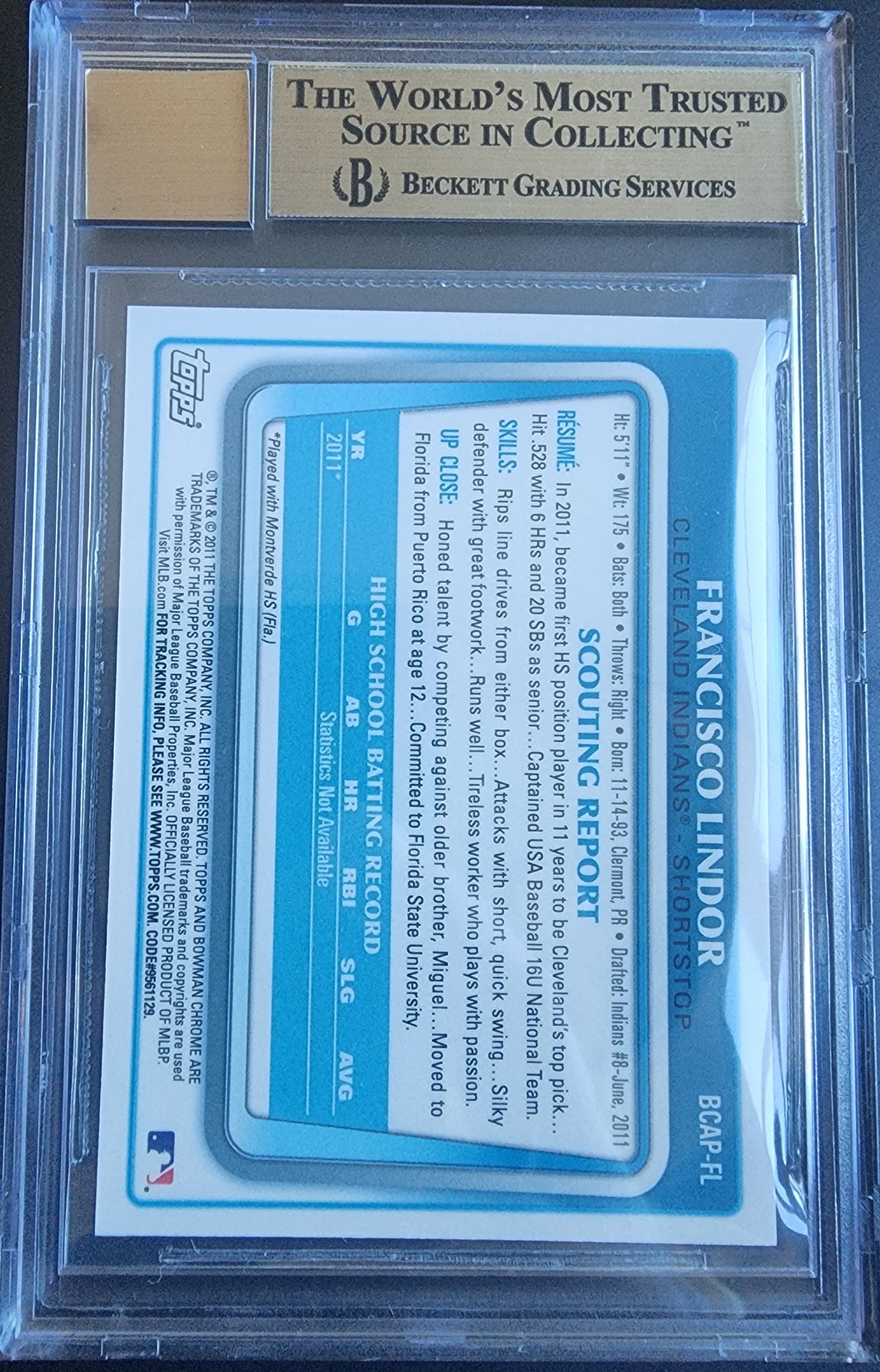 Francisco Lindor 2011 Bowman Chrome Draft Auto BGS 9.5 Auto 10