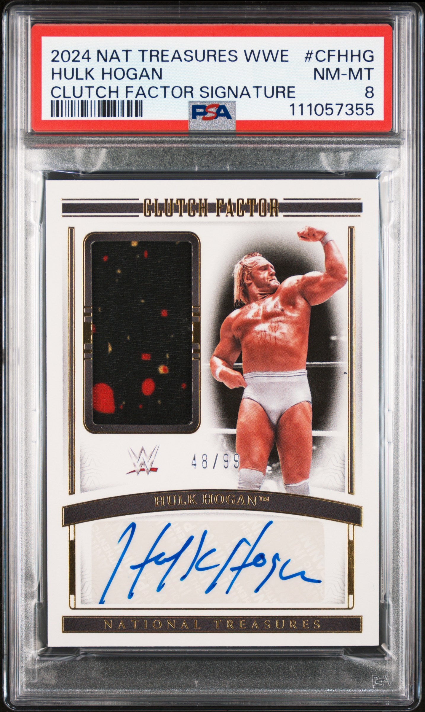 Hulk Hogan 2024 Panini National Treasures WWE Clutch Factor Material Auto #48/99 PSA 8 Nm-Mint