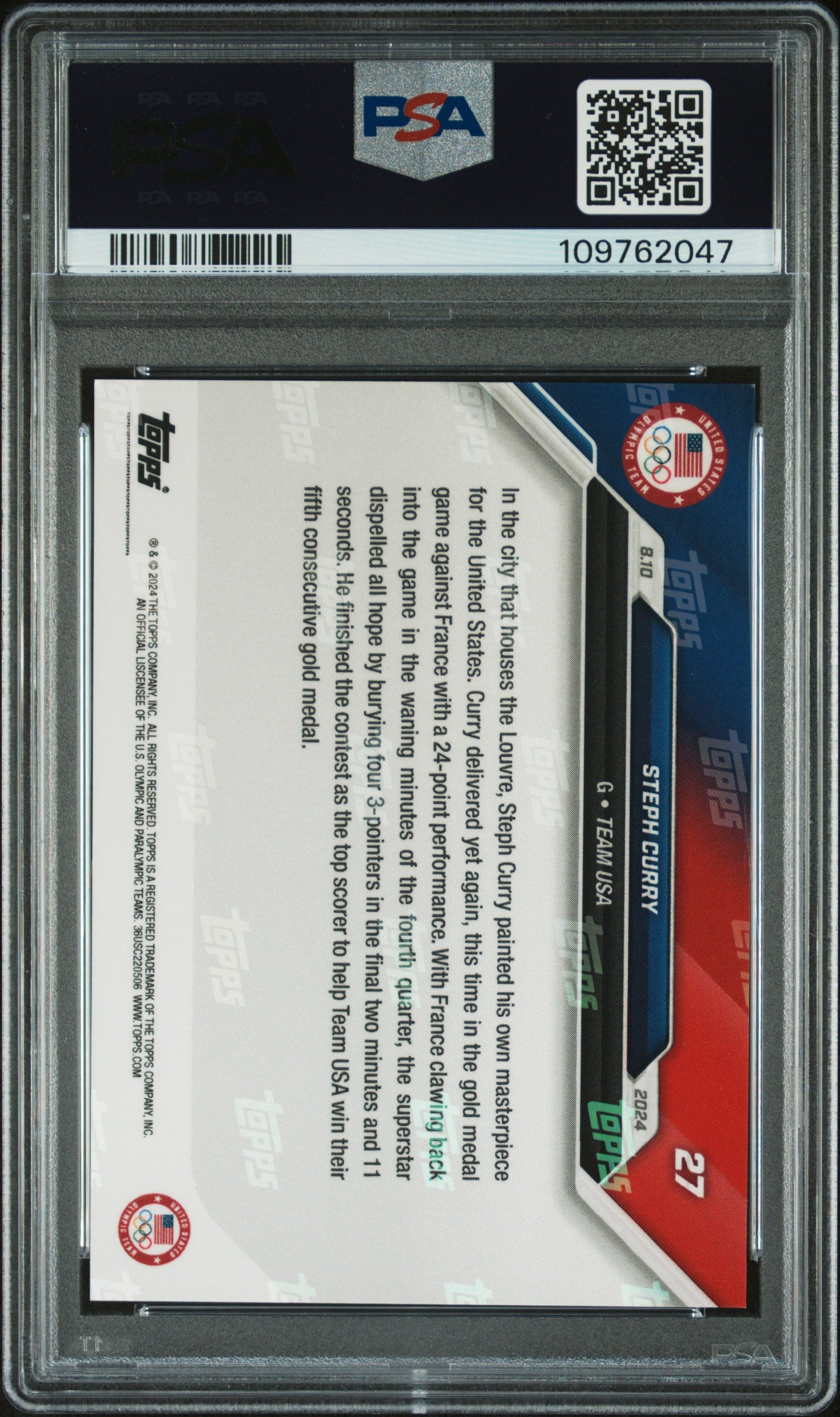Steph Curry 2024 Topps Now Olympics #27 Auto PSA Auth Auto 9