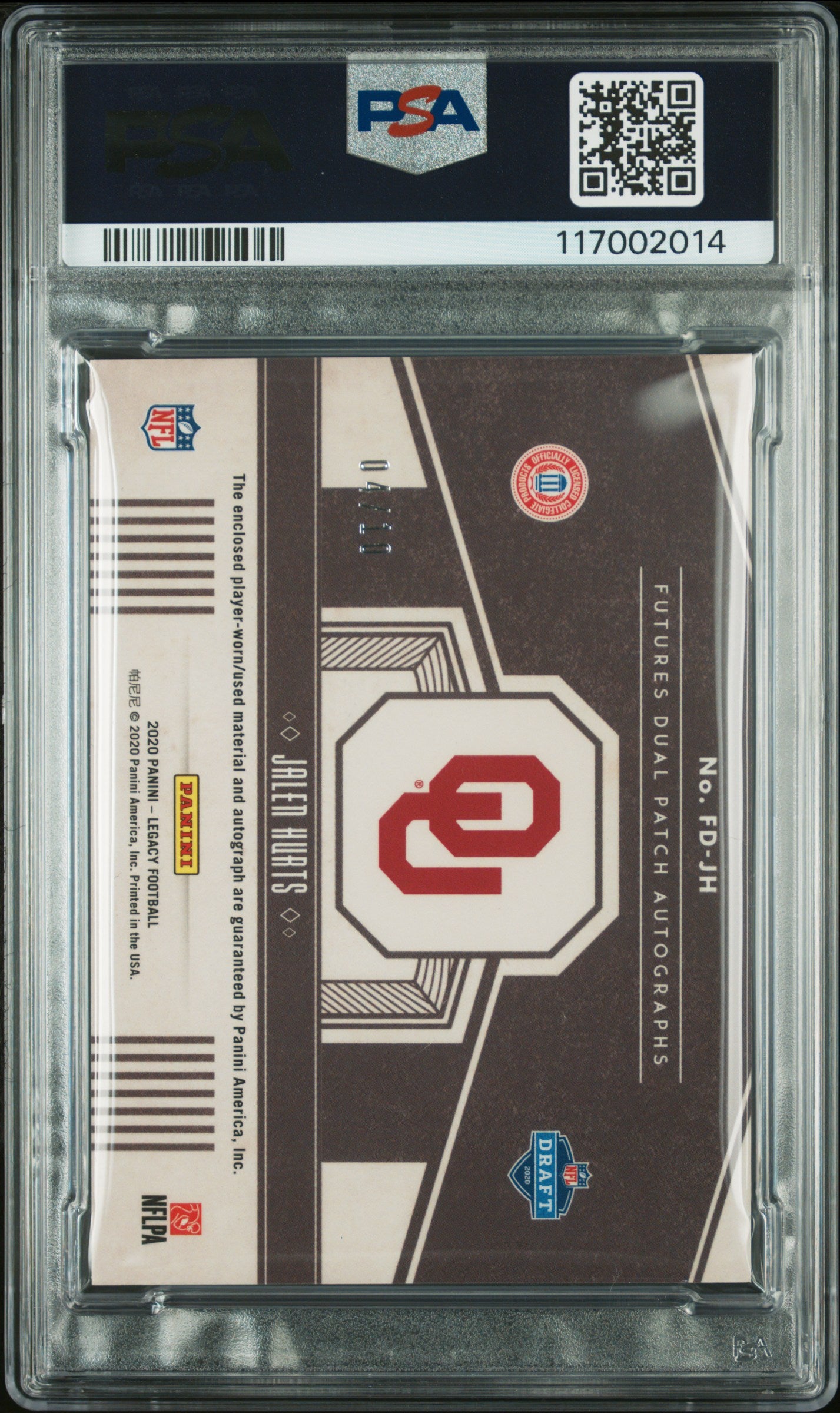 Jalen Hurts 2020 Panini Legacy Futures Dual Patch Auto #4/10 PSA Auth Auto 10