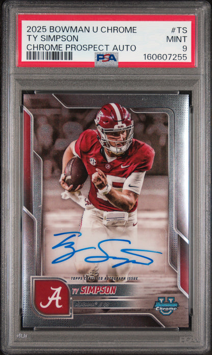 Ty Simpson 2025 Bowman Chrome U Auto PSA 9 Mint