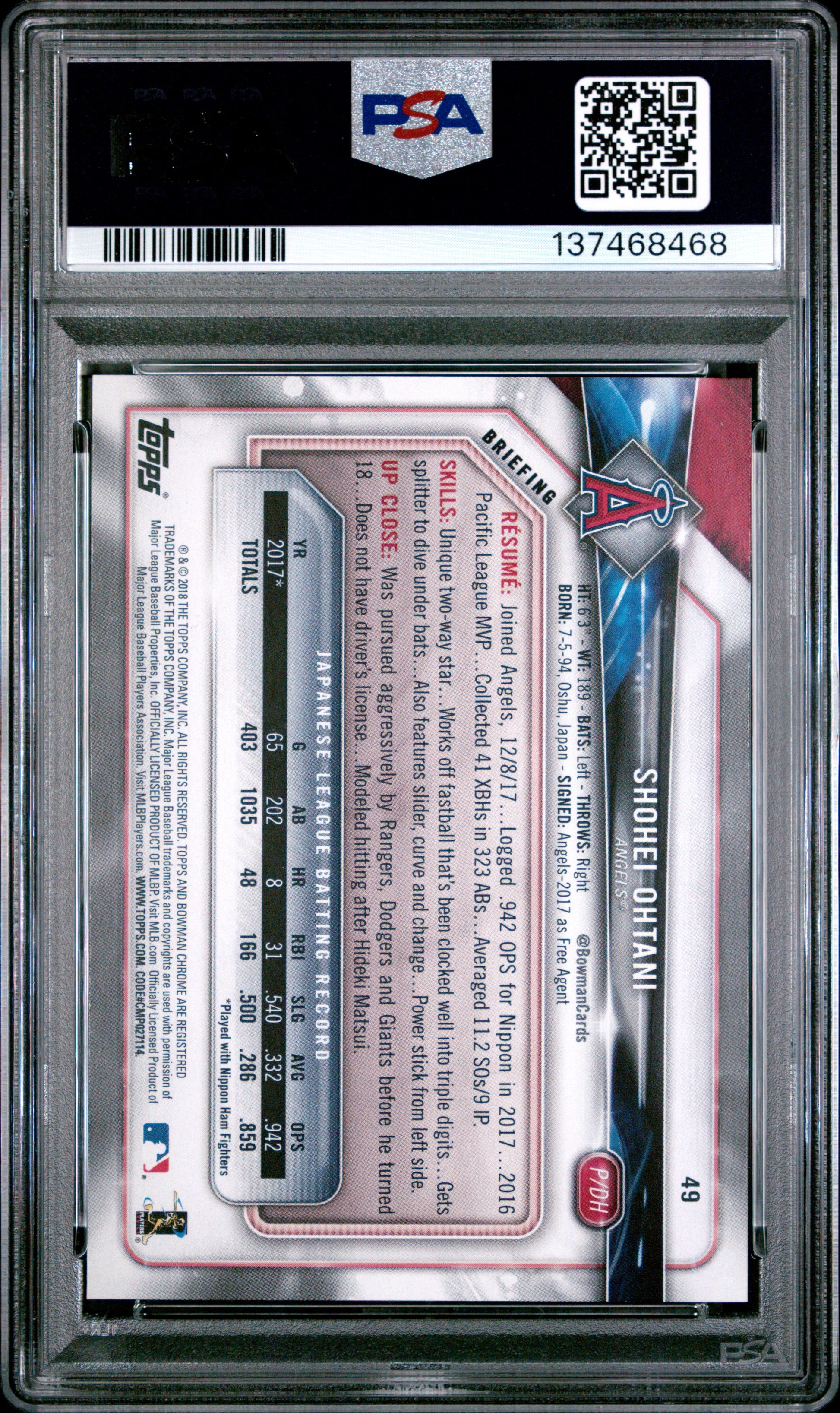 Shohei Ohtani 2018 Bowman Rookie #49 PSA 9 Mint 8468