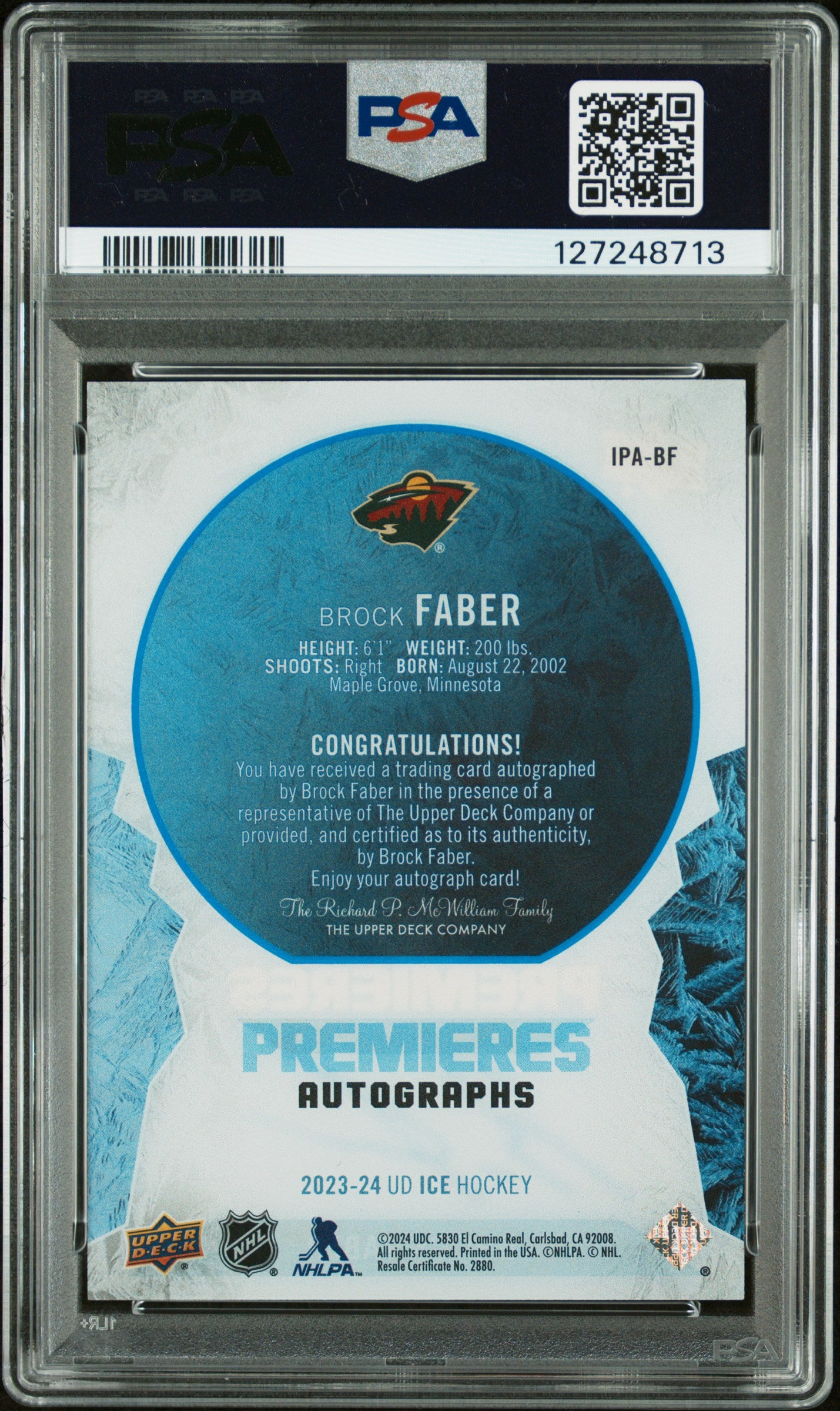Brock Faber 2023 Upper Deck Ice Rookie #40/49 PSA 9 Auto 10