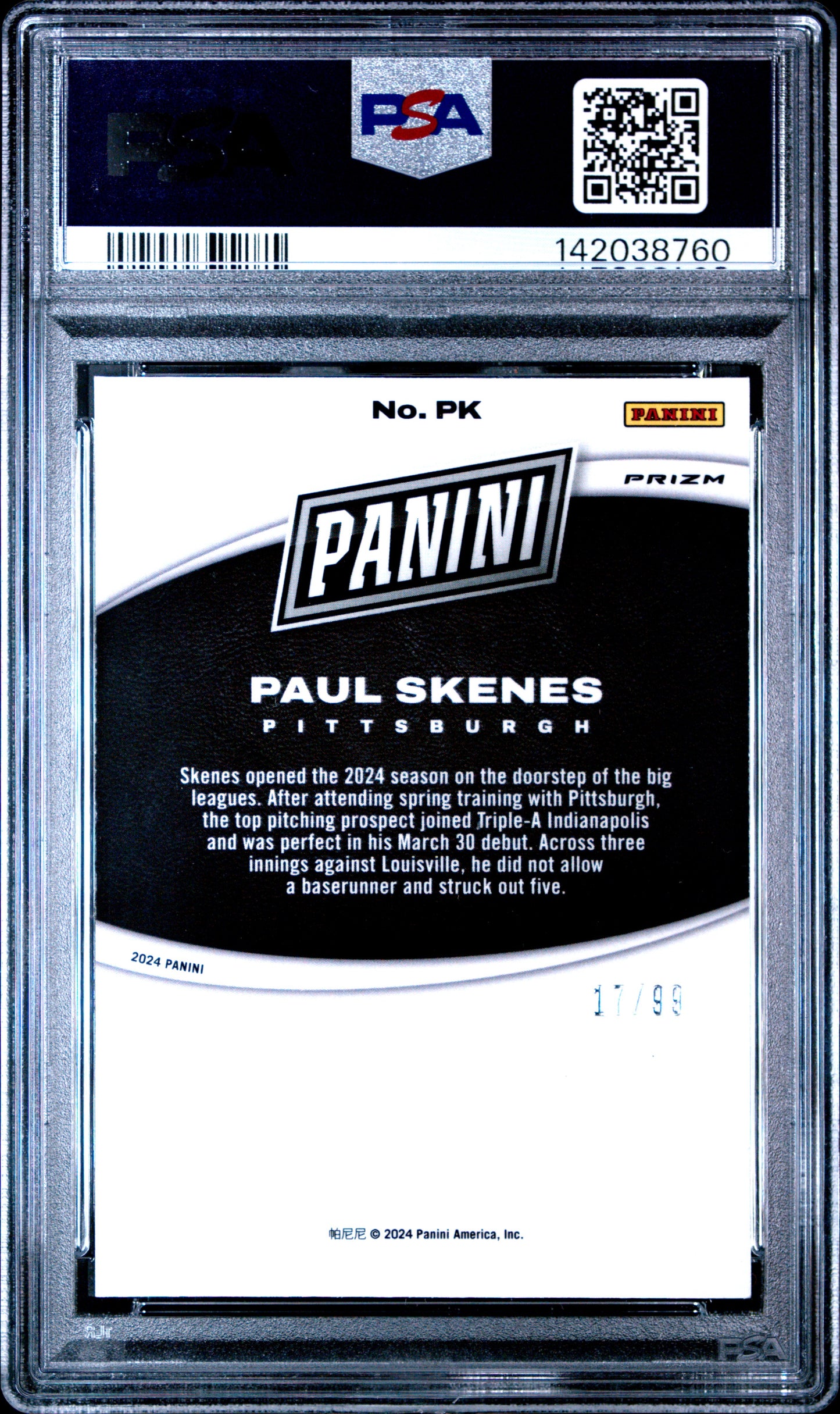 Paul Skenes 2024 Panini Black Friday Insert 99 Rookie #17/99 PSA 9 Mint