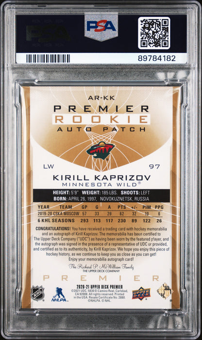 Kirill Kaprizov 2020 Upper Deck Premier Acetate Rookie PAtch Auto Gold #29/35 PSA Auth