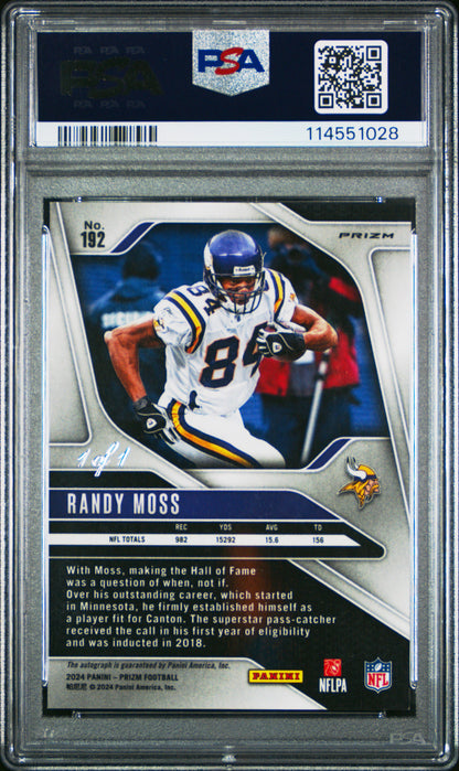 Randy Moss 2024 Panini Prizm #192 Black Shimmer Auto #1/1 PSA 9 Mint