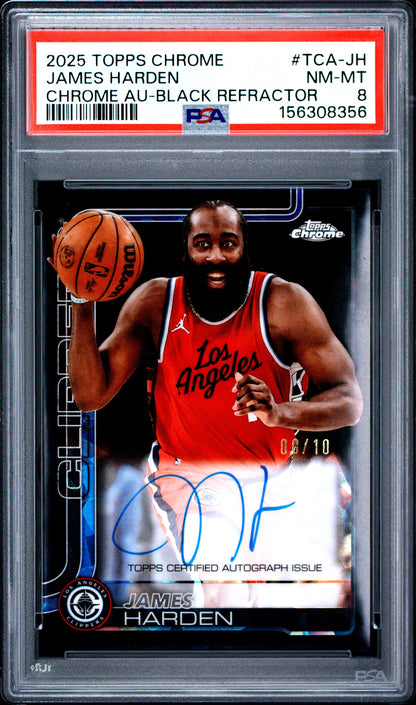 James Harden 2025 Topps Chrome Black Refractor Auto #8/10 PSA 8 Nm-Mint
