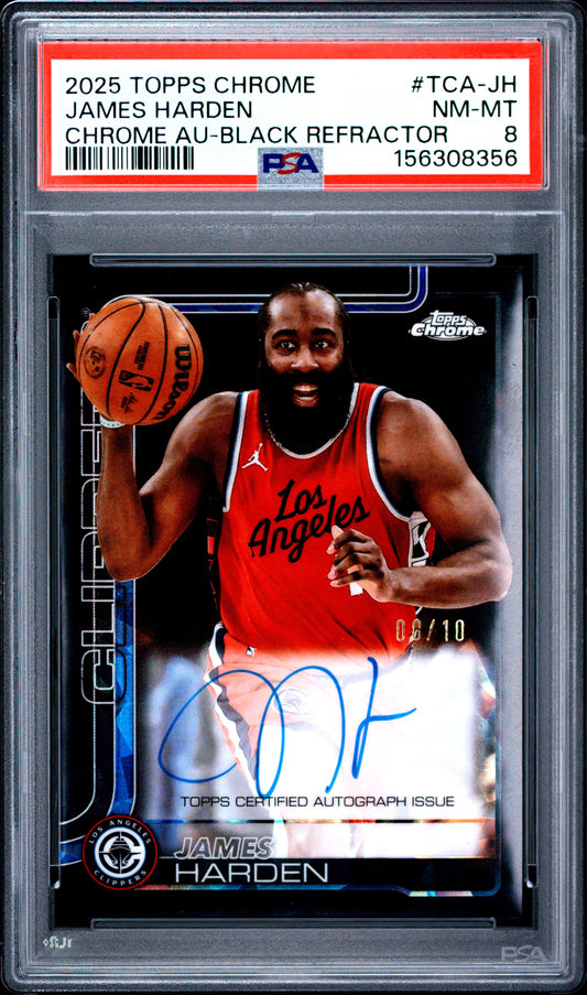 James Harden 2025 Topps Chrome Black Refractor Auto #8/10 PSA 8 Nm-Mint