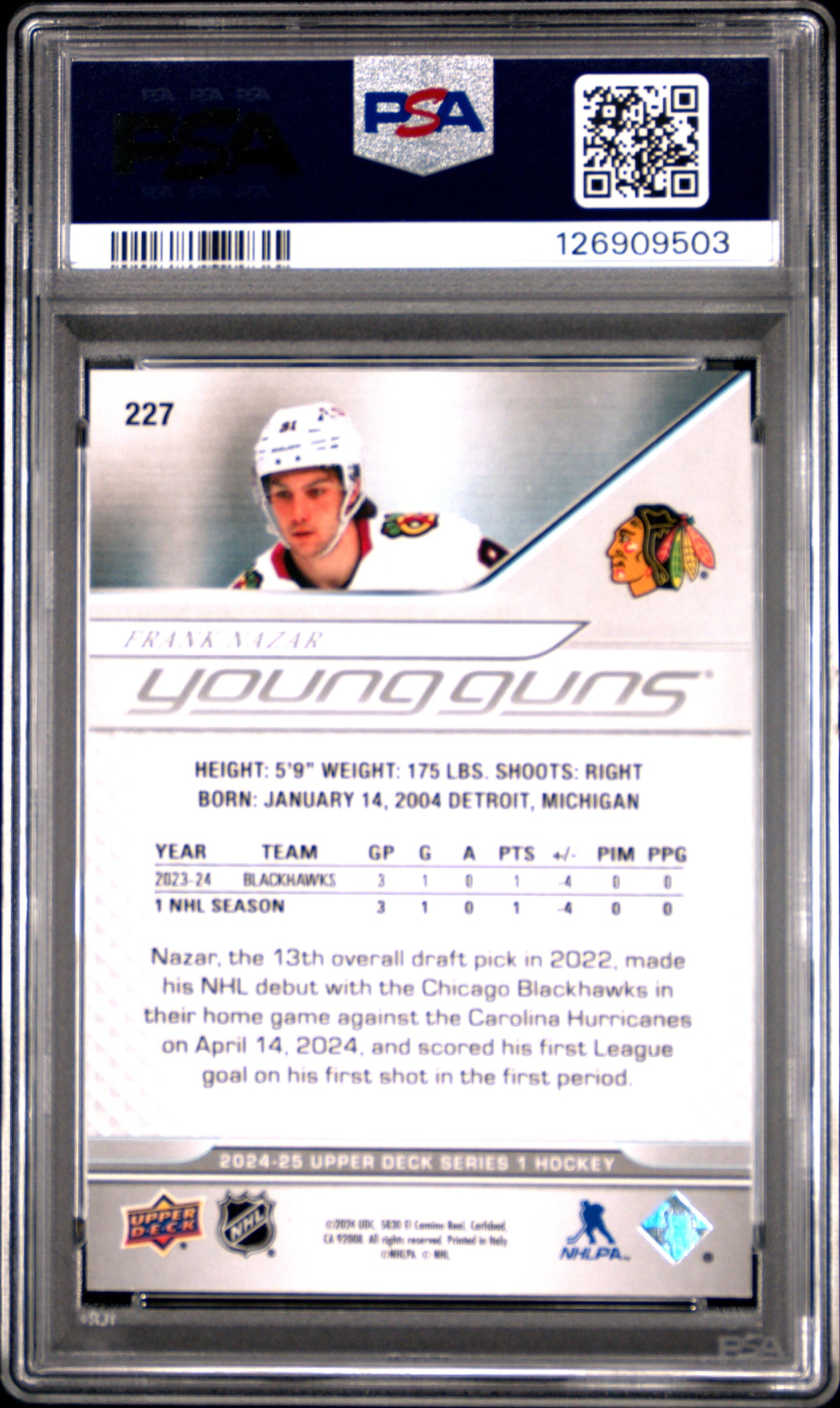 Frank Nazar 2024 Upper Deck Rookie #227 Exclusives #12/100 PSA 7 Near Mint