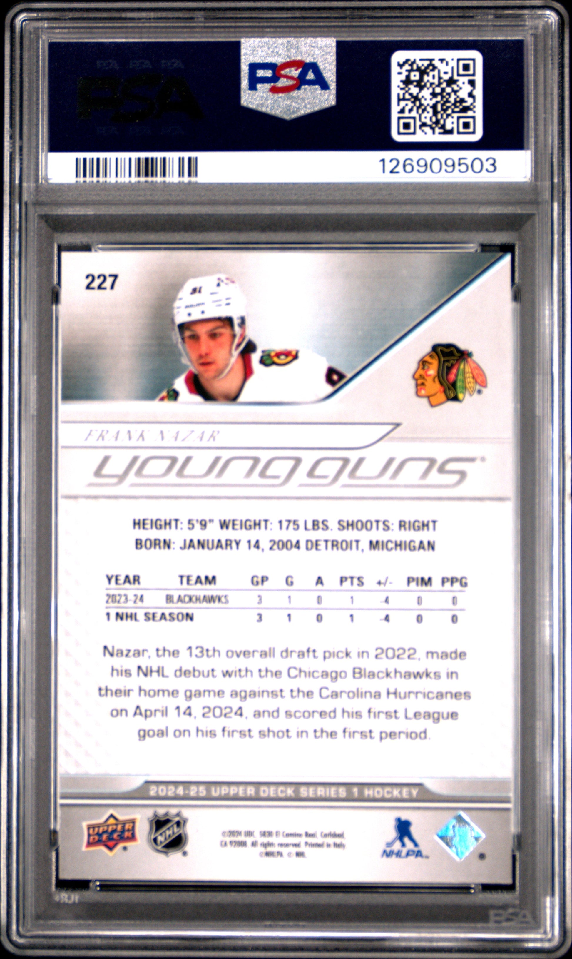 Frank Nazar 2024 Upper Deck Rookie #227 Exclusives #12/100 PSA 7 Near Mint