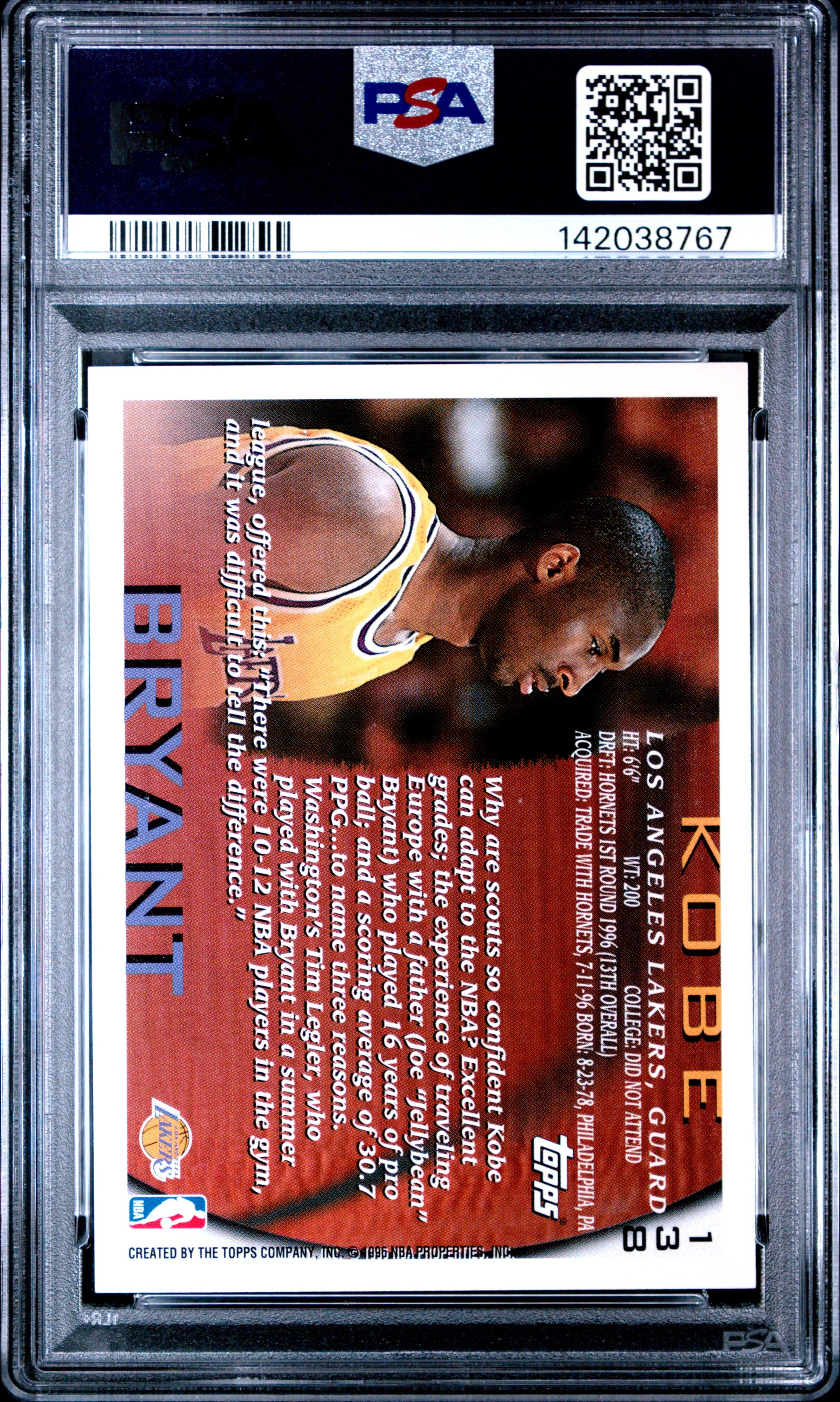 Kobe Bryant 1996 Topps Rookie #138 PSA 9 Mint 8767