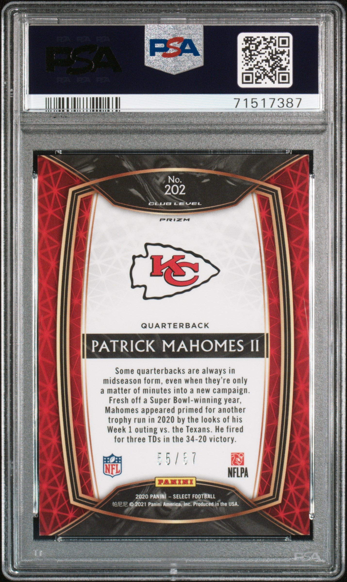 Patrick Mahomes 2020 Panini Select #202 Dragon Scale #55/67 PSA 10 Gem Mint