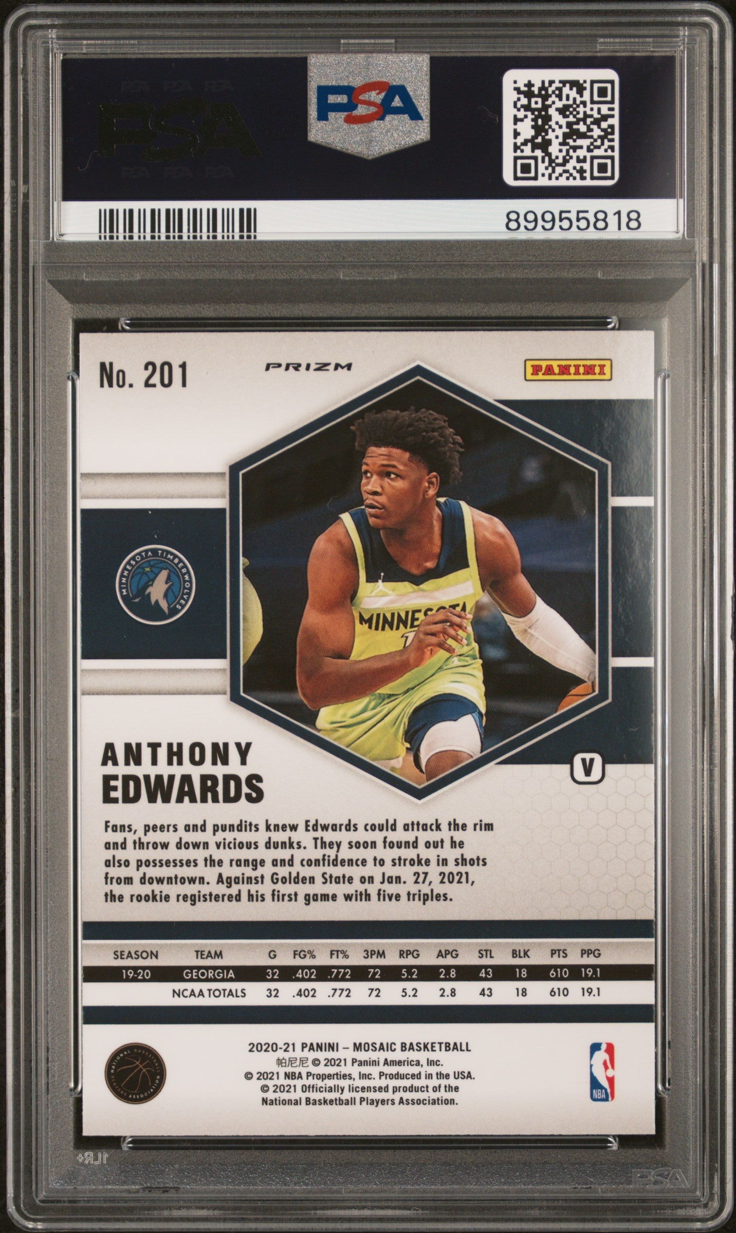 Anthony Edwards 2020 Panini Mosaic Rookie #201 Fast Break Variation PSA 10 Gem Mint