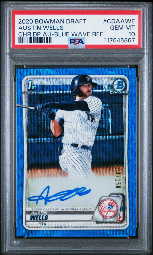 Austin Wells 2020 Bowman Chrome Draft Blue Wave Refractor Auto #103/150 PSA 10 Gem Mint