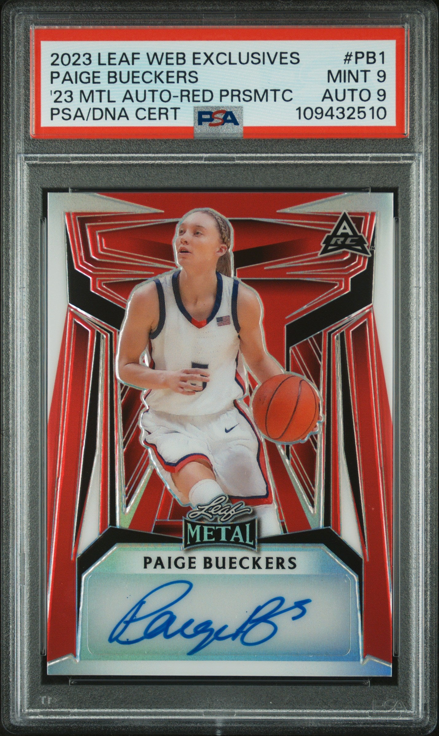 Paige Bueckers 2023 Leaf Web Exclusives Red PRismatic Auto #119/199 PSA 9 Auto 9