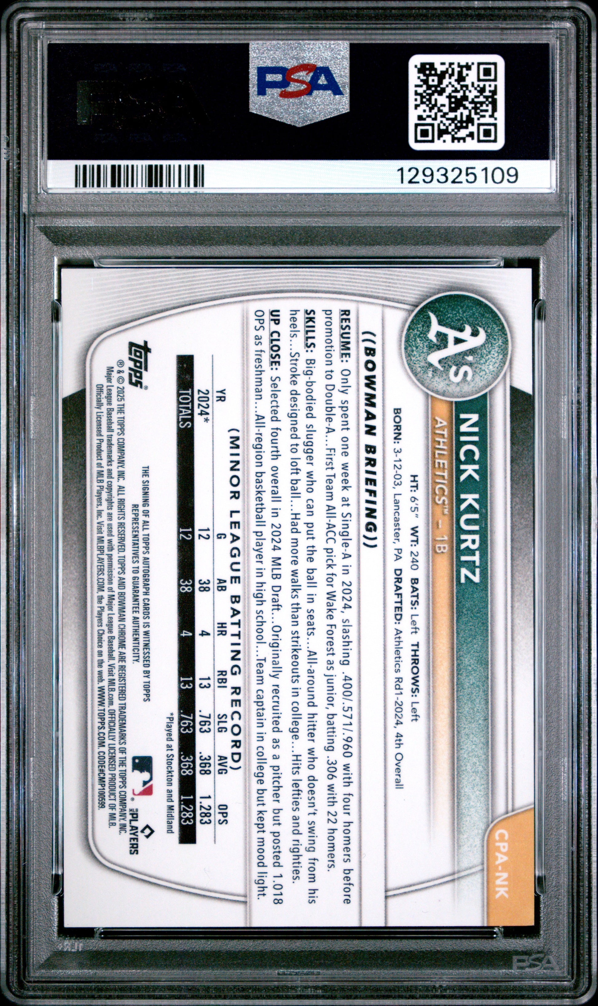 Nick Kurtz 2025 Bowman HTA Choice Autograph #126/150 PSA 8 Nm-Mint
