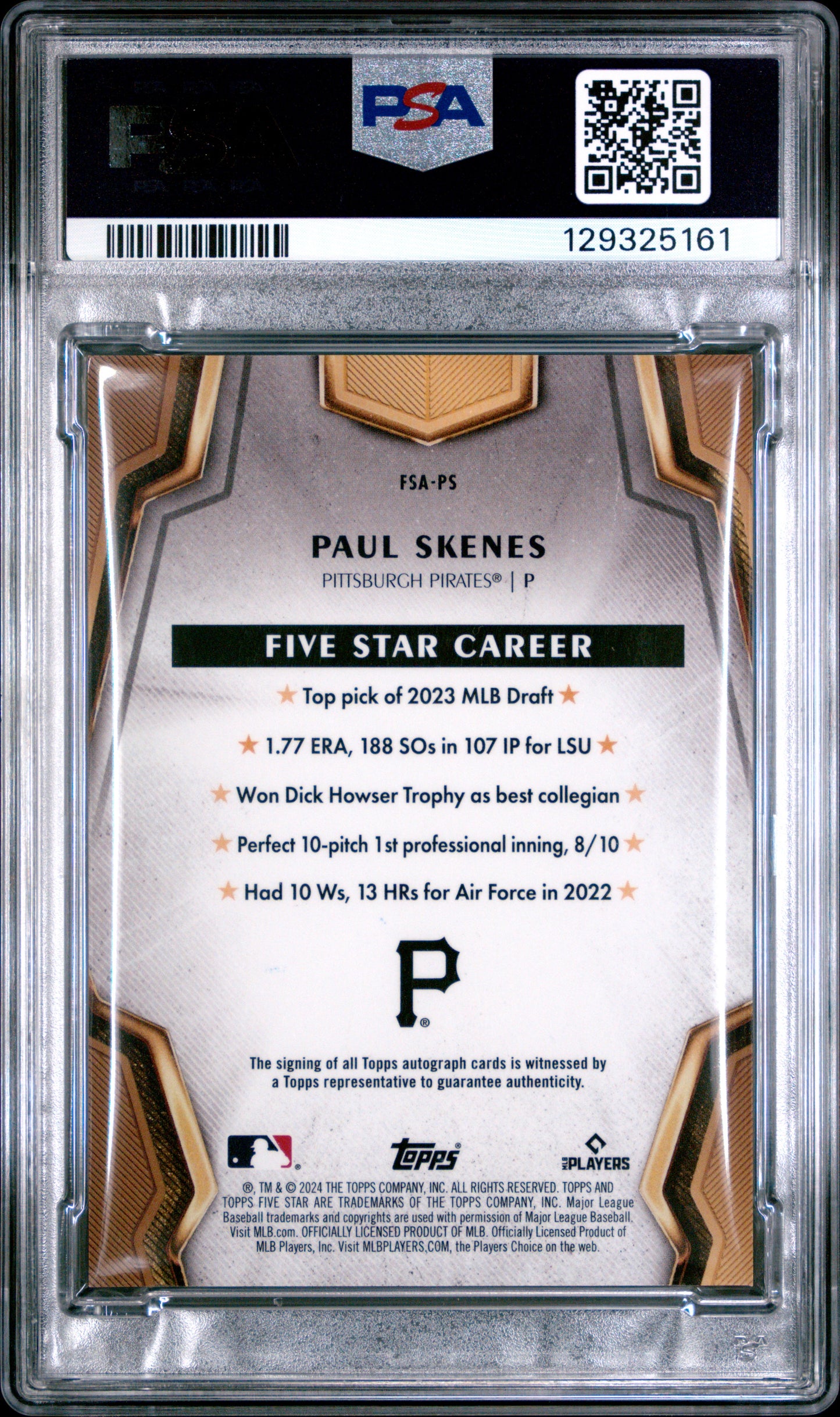 Paul Skenes 2024 Topps Five Star Rookie Autograph PSA 9 Mint