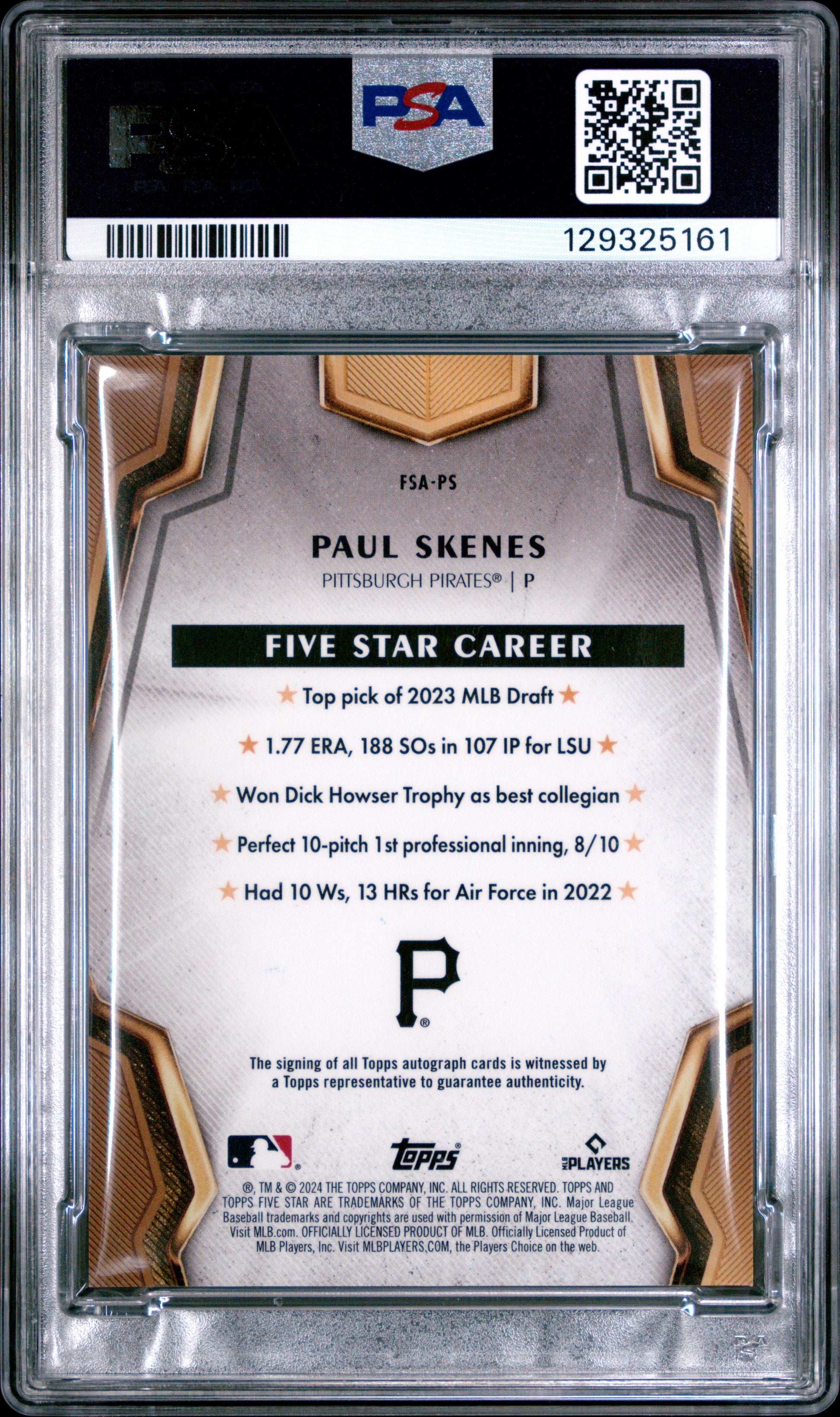 Paul Skenes 2024 Topps Five Star Rookie Autograph PSA 9 Mint