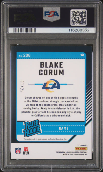 Blake Corum 2024 Donruss Optic Rookie Auto Black Pandora #1/25 PSA 9 Mint