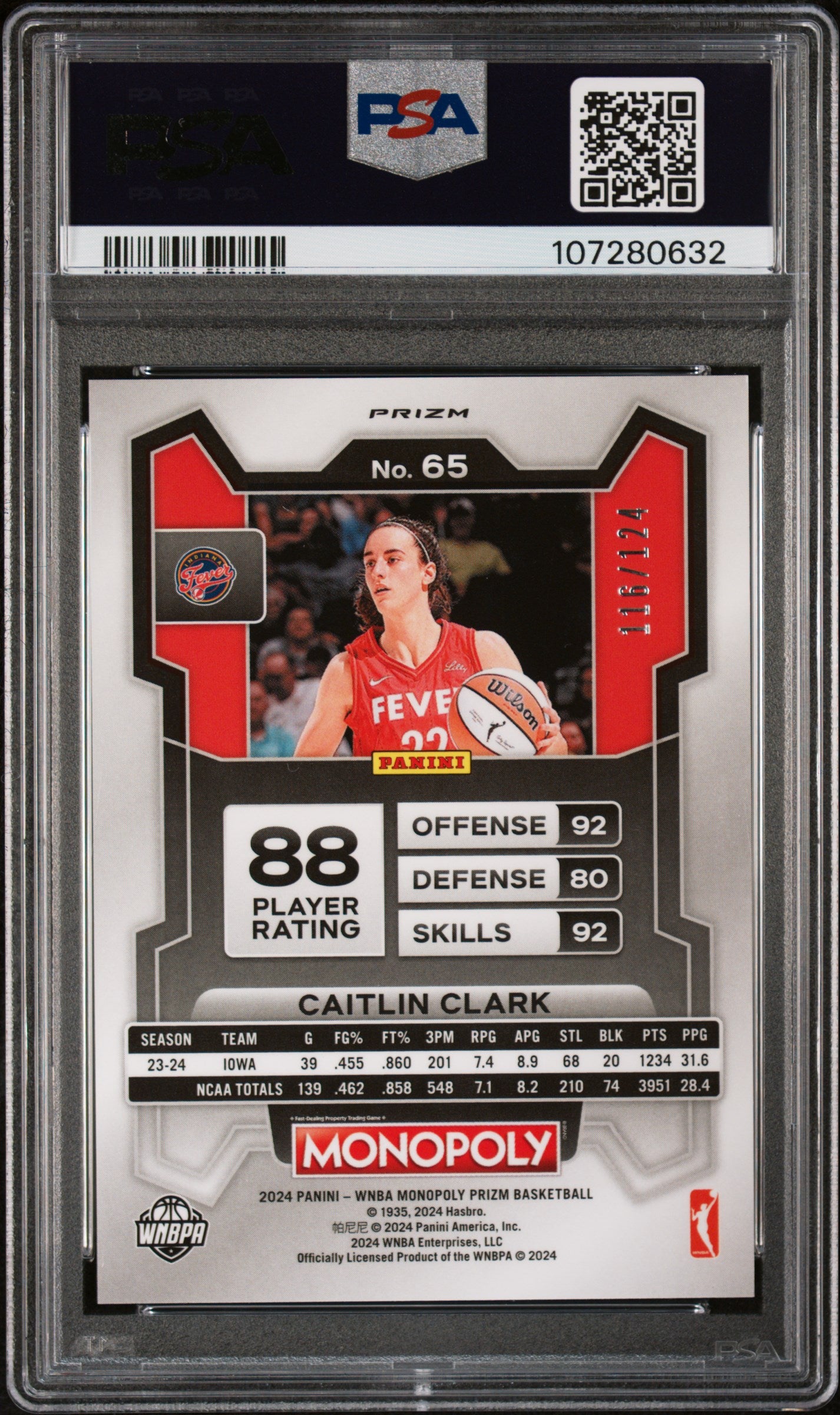 Caitlin Clark 2024 Panini Prizm Monopoly WNBA Orange Prizm #116/124 PSA 7 Near Mint