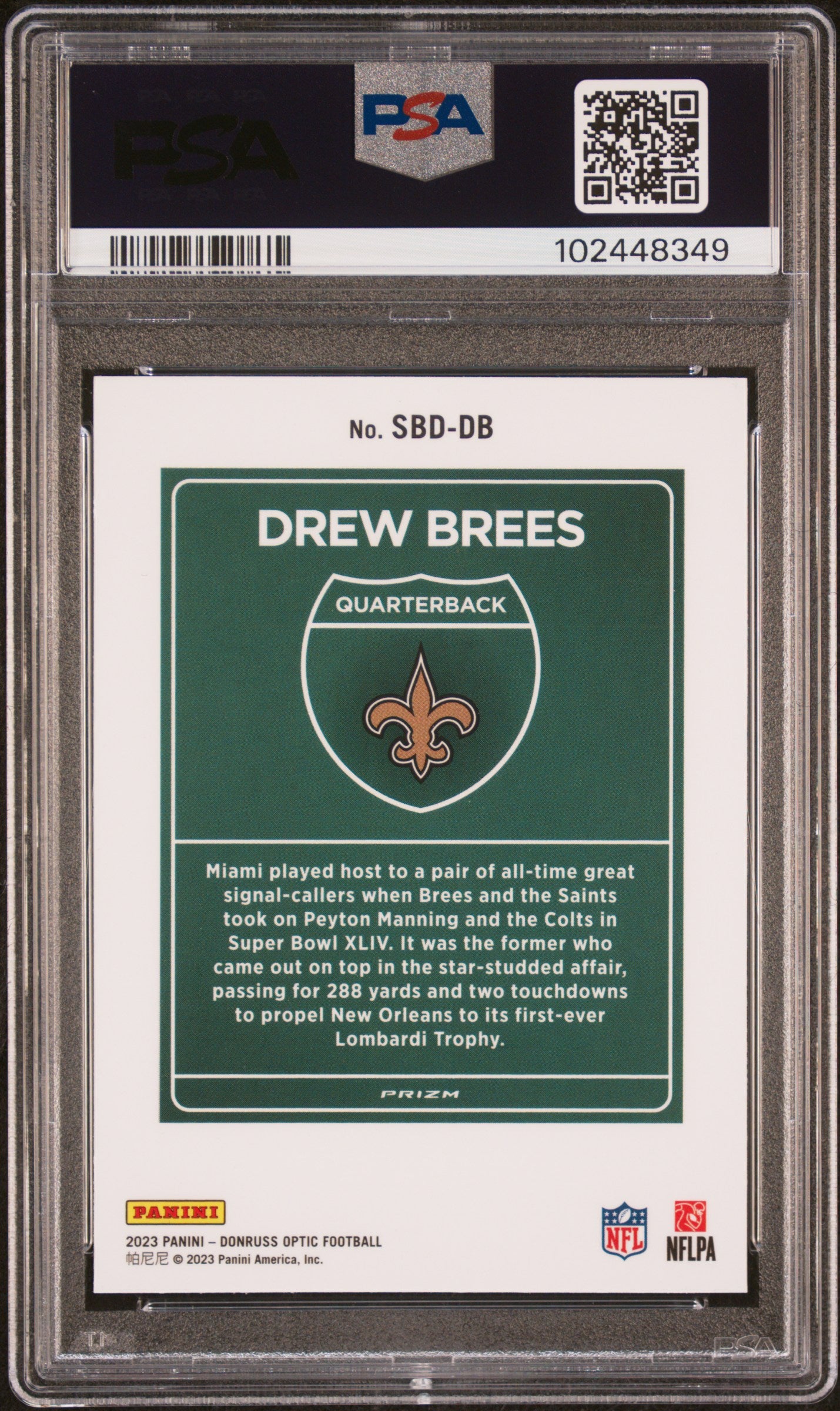 Drew Brees 2023 Donruss Optic Super Bowl Downtwon PSA 9 Mint