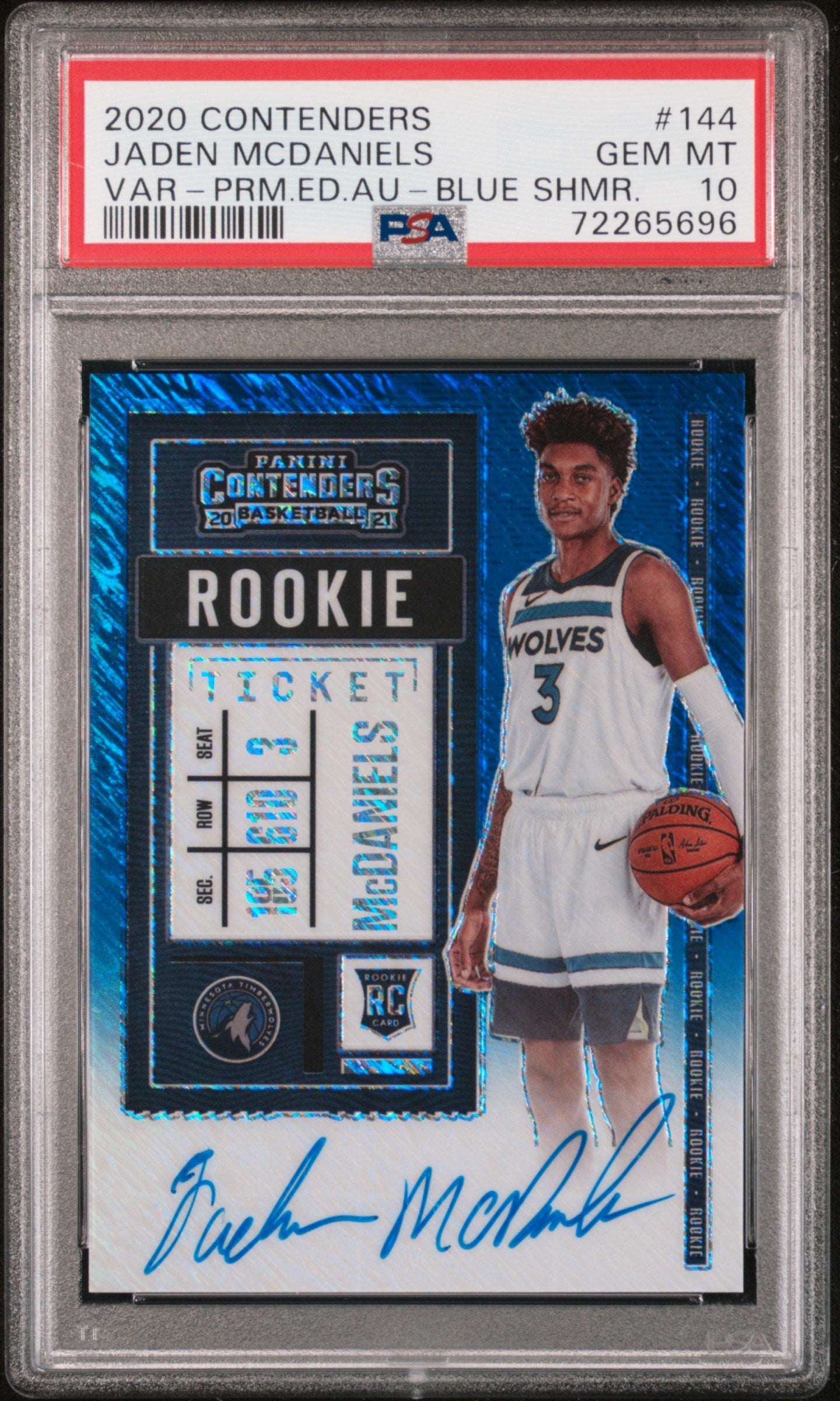 Jaden McDaniels 2020 Contenders Blue Shimmer Auto #14/20 PSA 10 Gem Mint