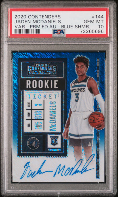 Jaden McDaniels 2020 Contenders Blue Shimmer Auto #14/20 PSA 10 Gem Mint
