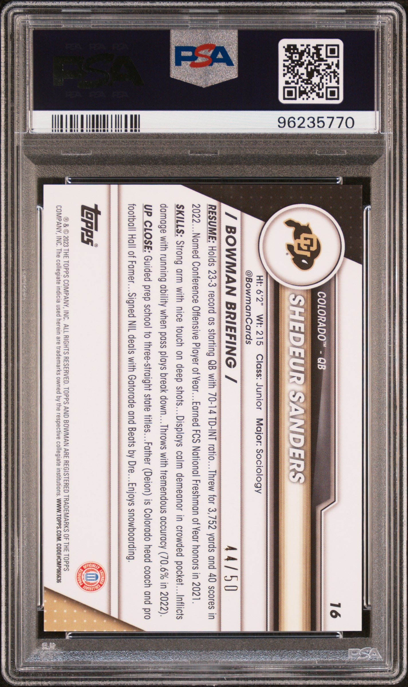 Shedeur Sanders 2023 Bowman Chrome U Gold Shimmer #44/50 PSA 10 Gem Mint