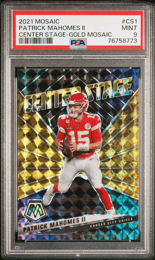Patrick Mahomes 2021 Panini Mosaic Center Stage Gold Mosaic #2/10 PSA 9 Mint