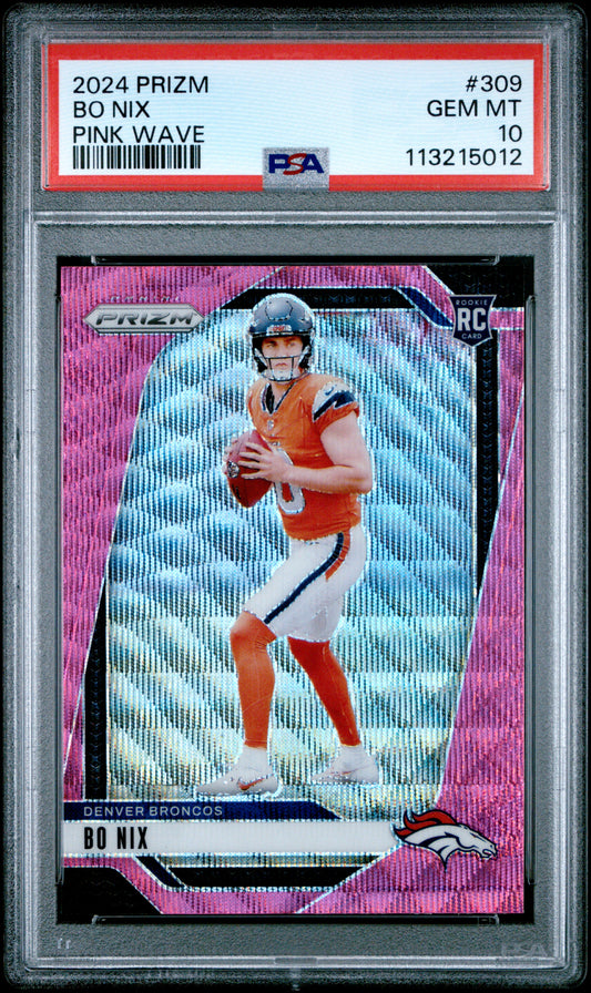 Bo Nix 2024 Panini Prizm Rookie #309 Pink Wave PSA 10 Gem Mint
