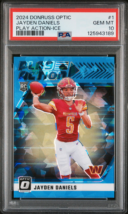 Jayden Daniels 2024 Donruss Optic Play Action Ice #5/15 PSA 10 Gem Mint