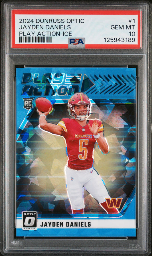 Jayden Daniels 2024 Donruss Optic Play Action Ice #5/15 PSA 10 Gem Mint