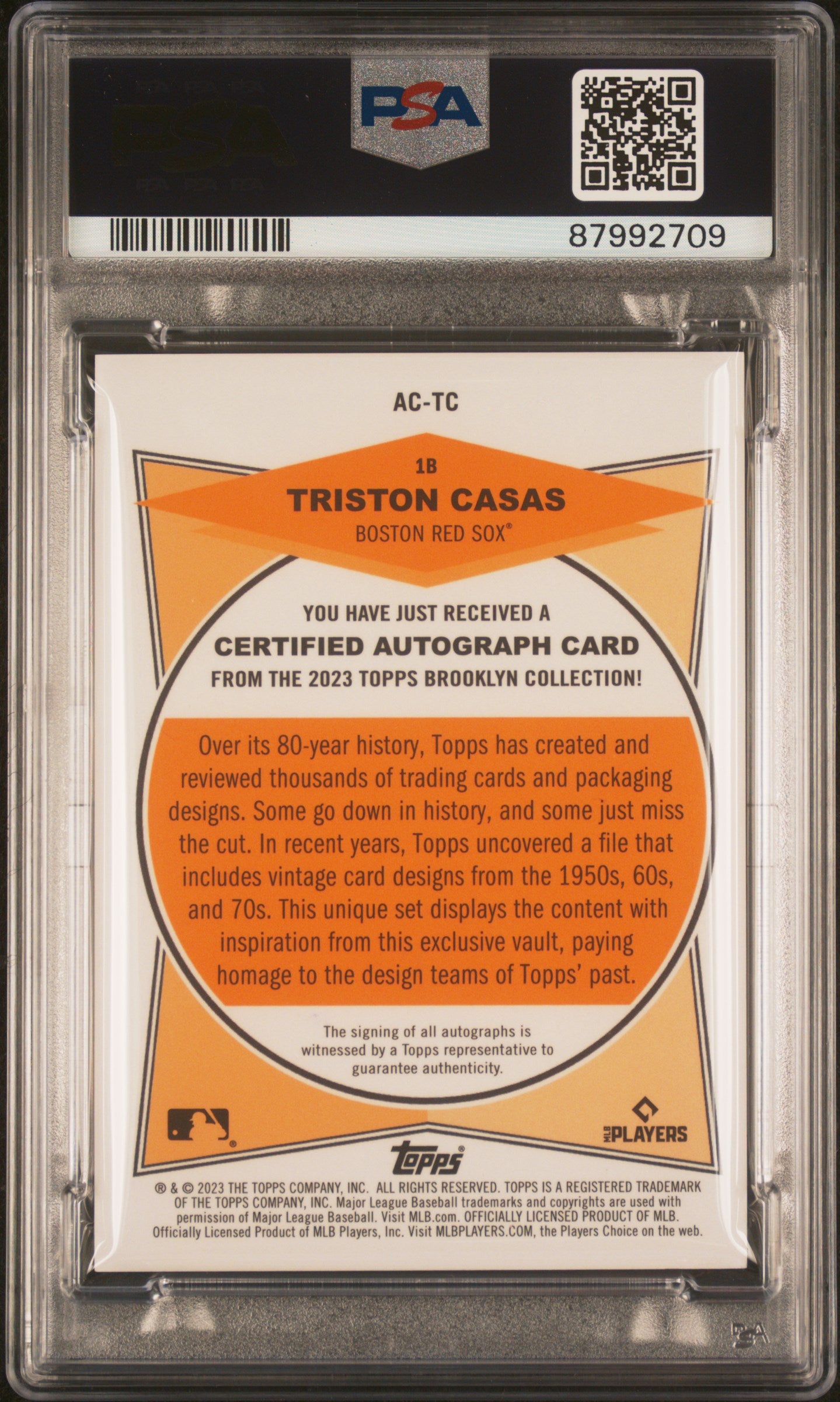 Triston Casas 2023 Topps Brooklyn Collection Gold Auto #44/50 PSA 10 Auto 10