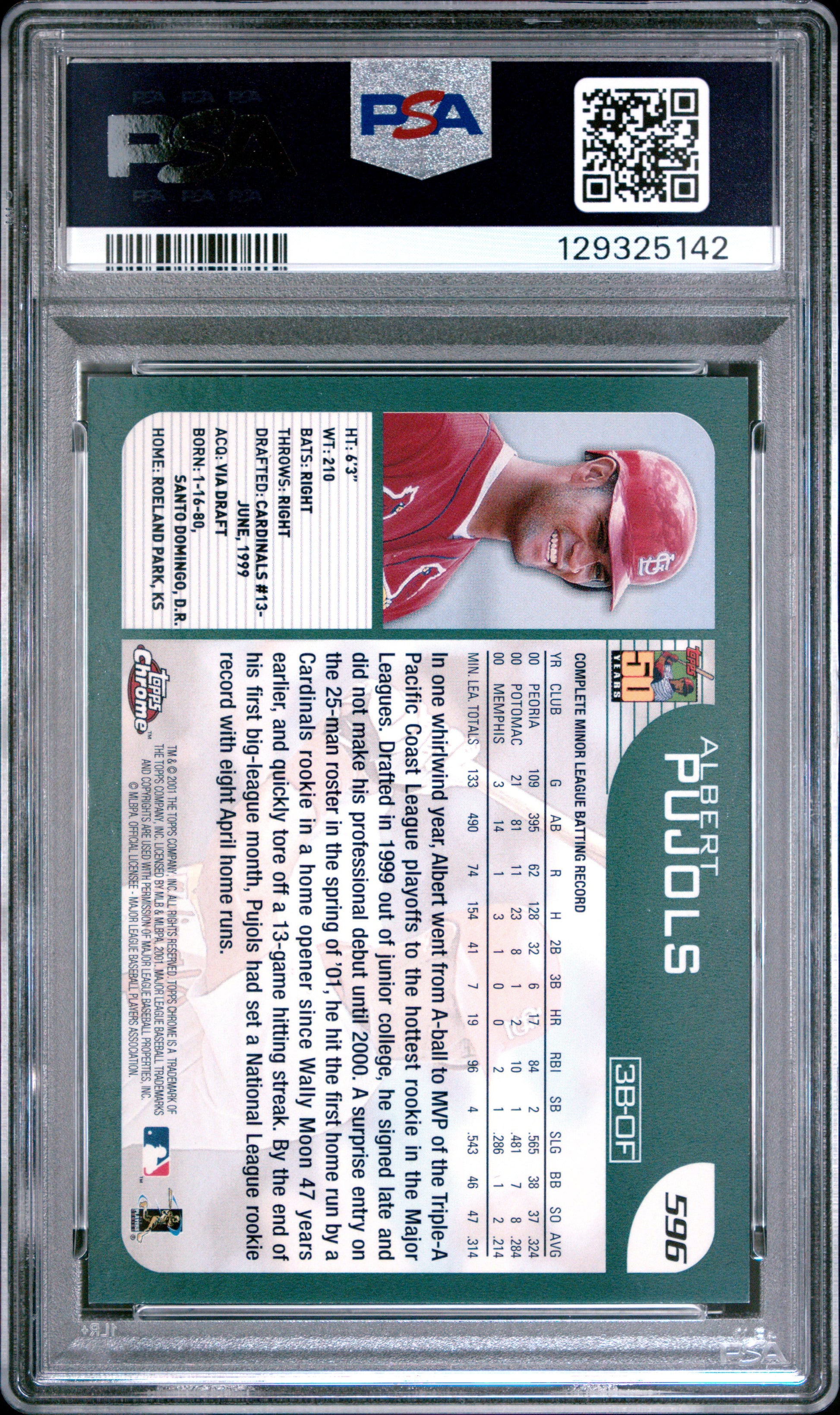 Albert Pujols 2001 Topps Chrome Rookie #596 PSA 8 Nm-Mint