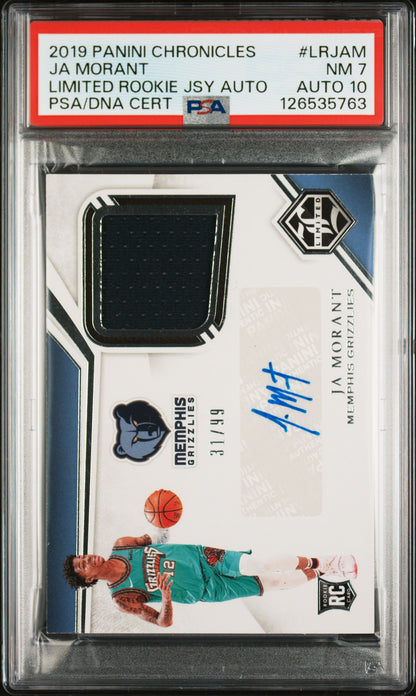 Ja Morant 2019 Panini Chronicles Limited Rookie Jersey Auto #31/99 PSA 7 Auto 10