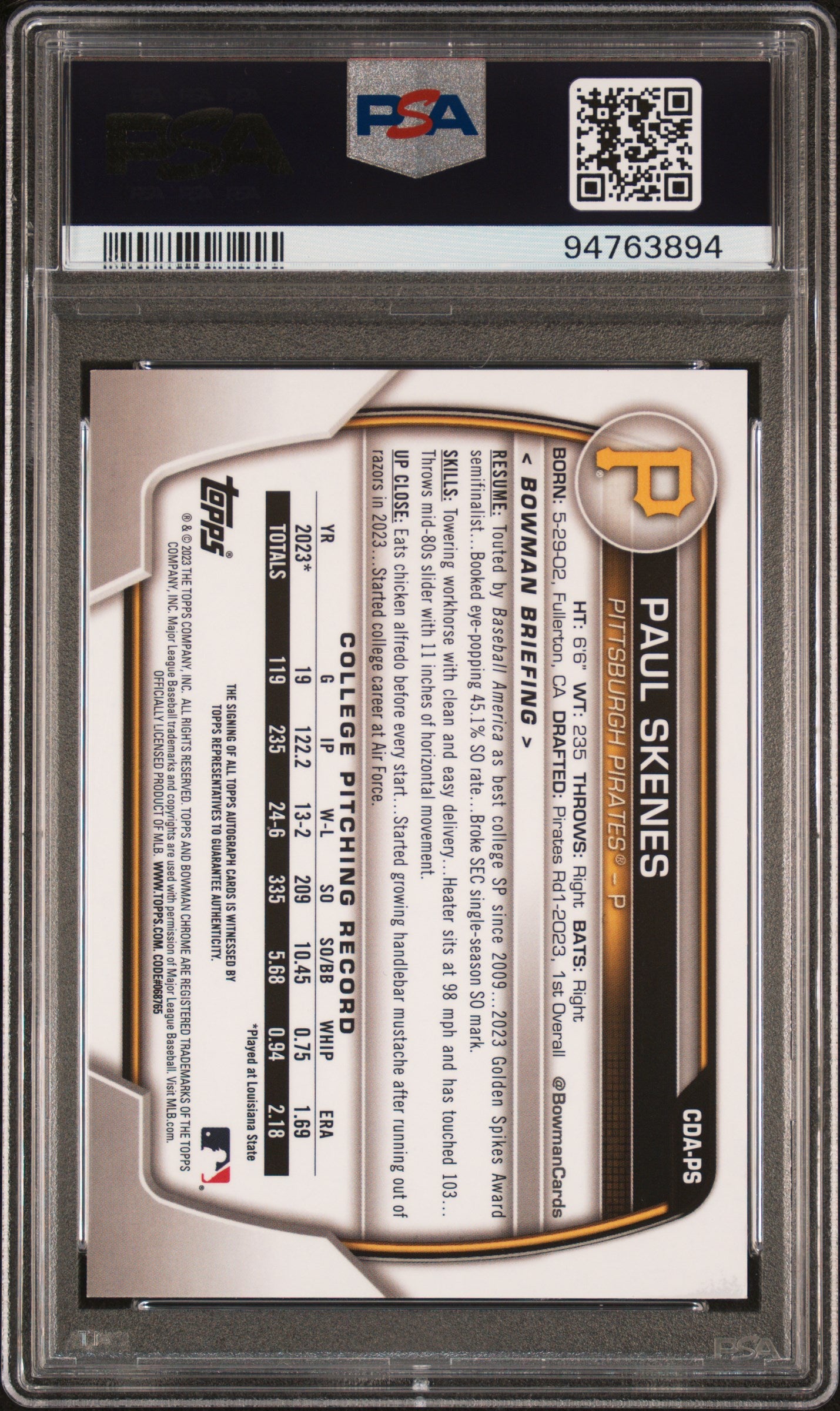 Paul Skenes 2023 Bowman Chrome Draft Autograph PSA 10 Gem Mint 3894