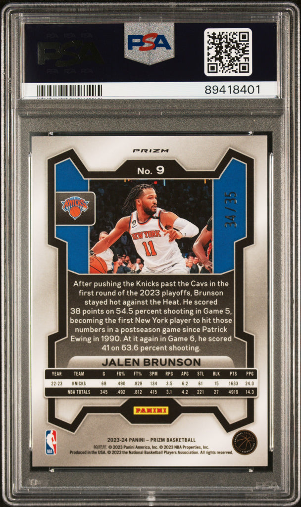 Jalen Brunson 2023 Panini Prizm Blue Shimmer #34/35 PSA 10 Gem Mint ...