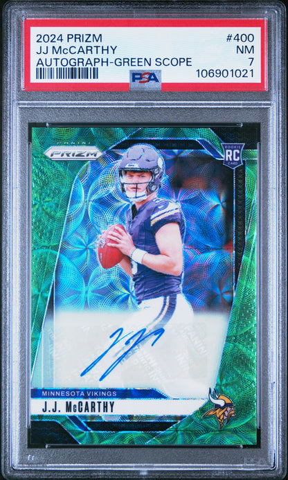 JJ McCarthy 2024 Panini Prizm Green Scope Rookie Auto #38/75 PSA 7 Near Mint