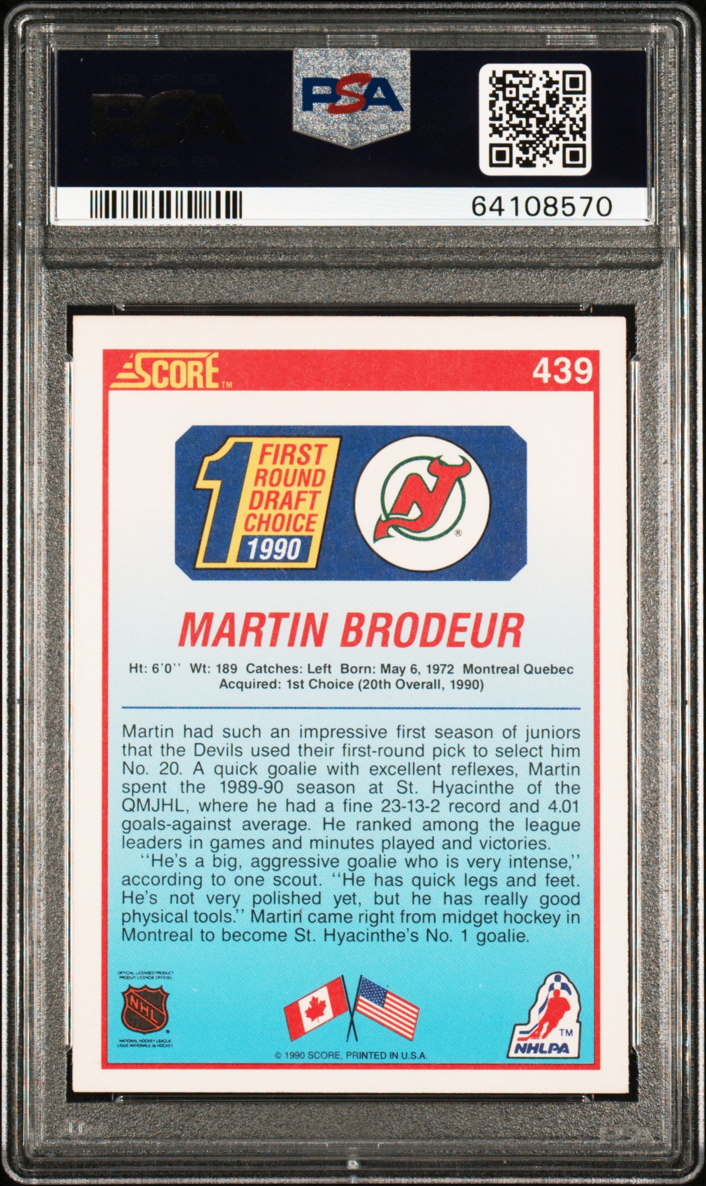 Martin Brodeur 1990 Score #439 Rookie Autograph PSA 6 Auto 10