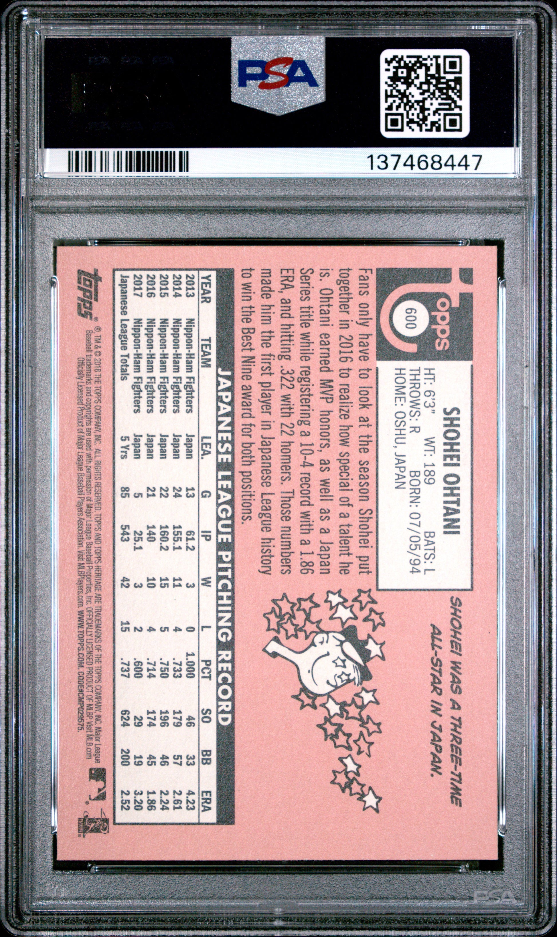 Shohei Ohtani 2018 Topps Heritage Rookie #600 PSA 10 Gem Mint 8447