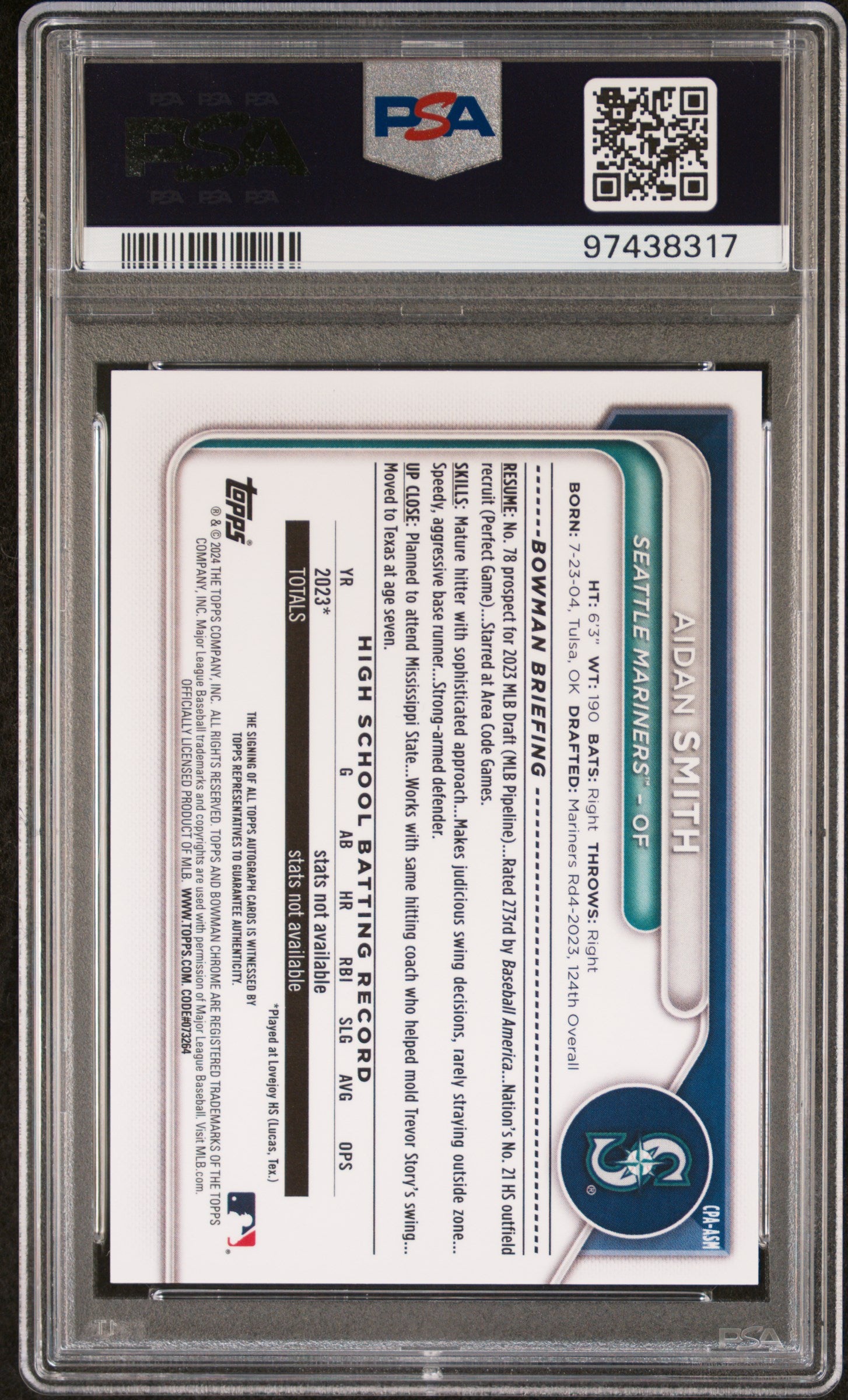 Aidan Smith 2024 Bowman Chrome Yellow Auto #42/75 PSA 9 Mint