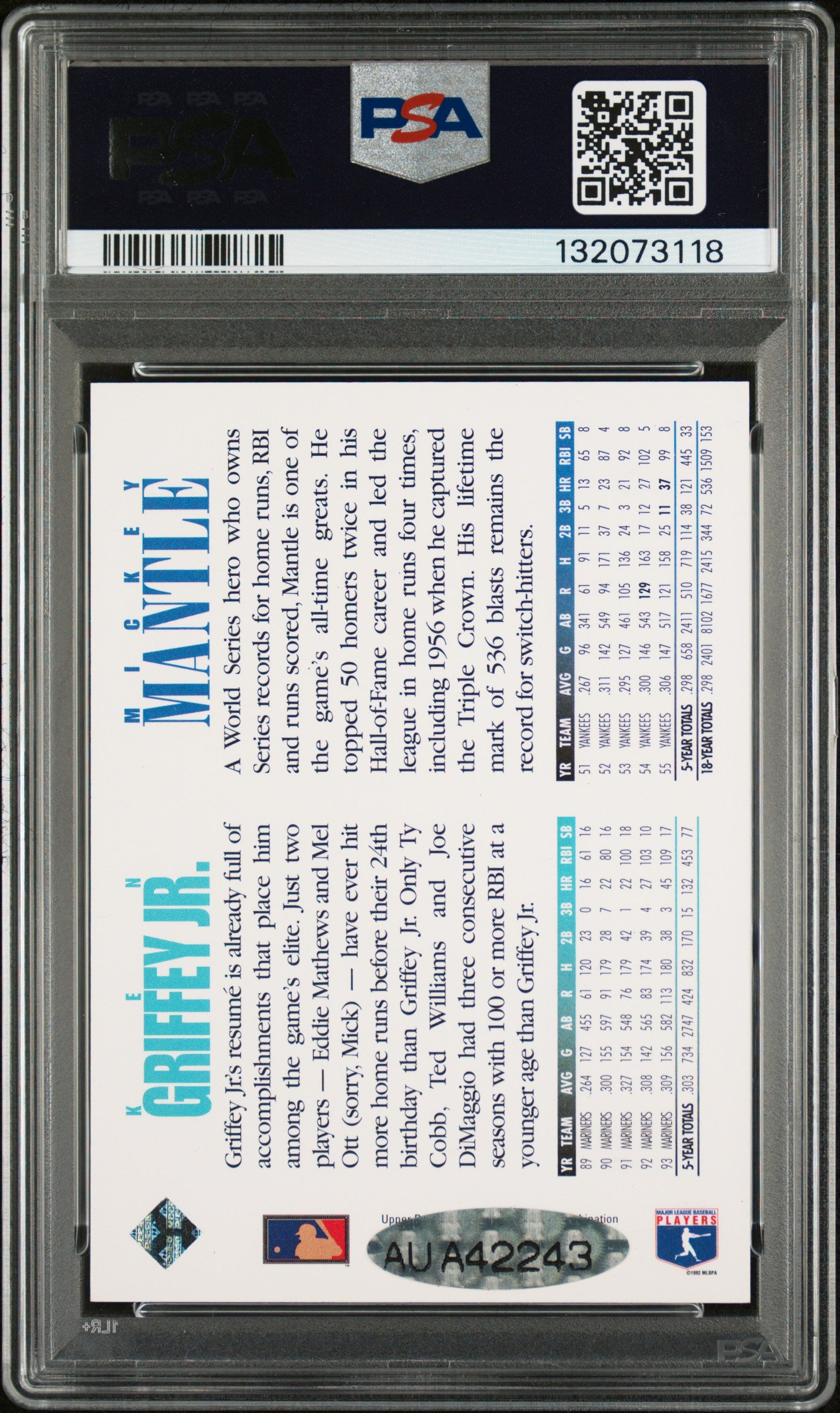 Ken Griffey Jr. + Mickey Mantle 1994 Upper Deck Griffey Auto PSA 6 Auto Auth