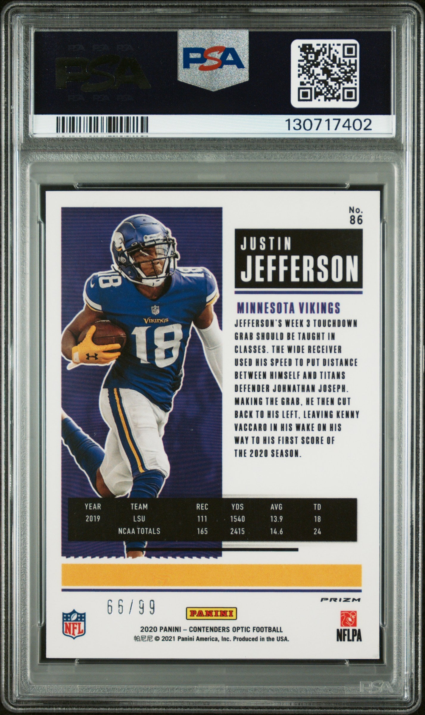 Justin Jefferson 2020 Panini Contenders Optic Blue Rookie #66/99 PSA 9 Mint