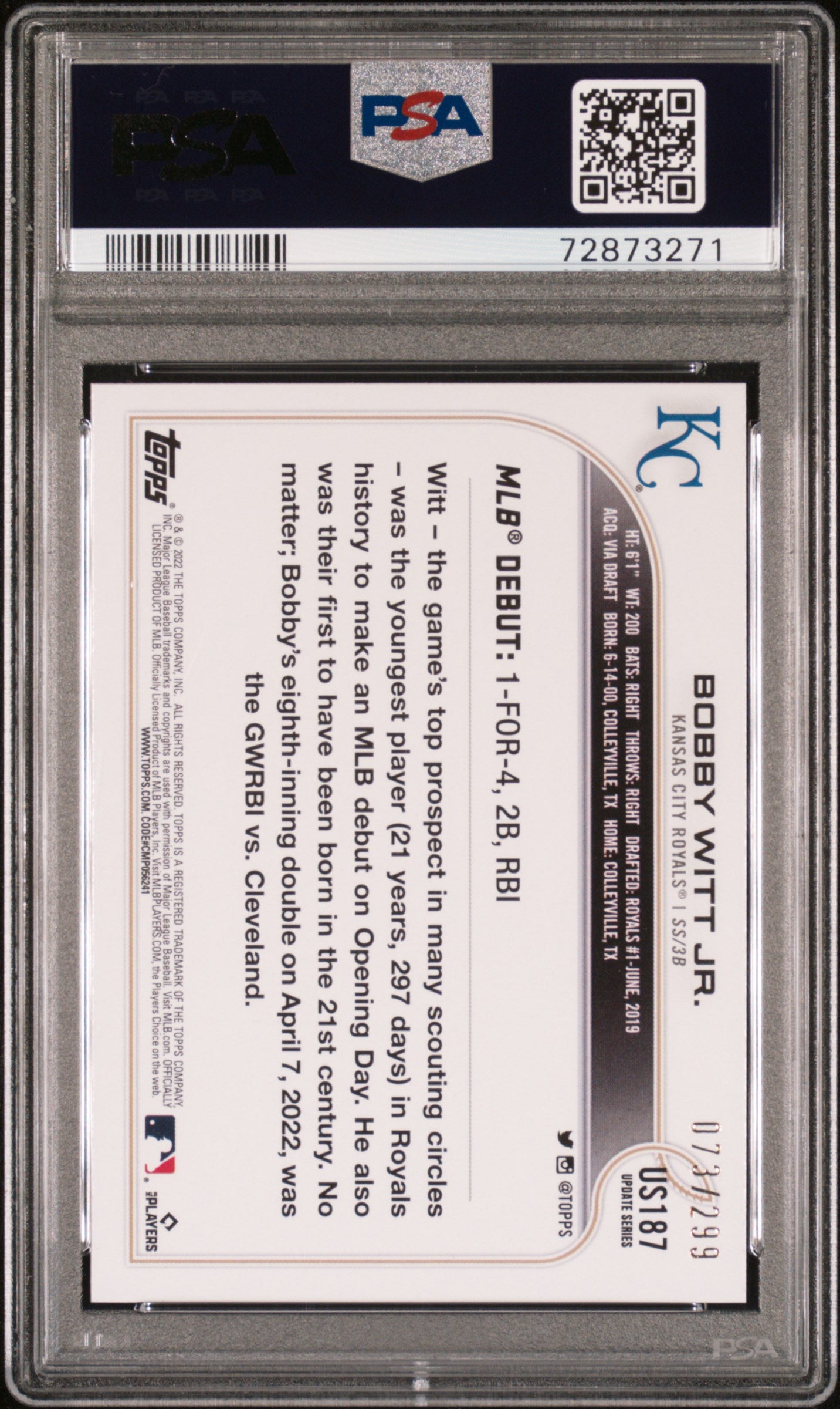 Bobby Witt Jr. 2022 Topps Update #US187 Orange Foil #73/299 PSA 9 Mint