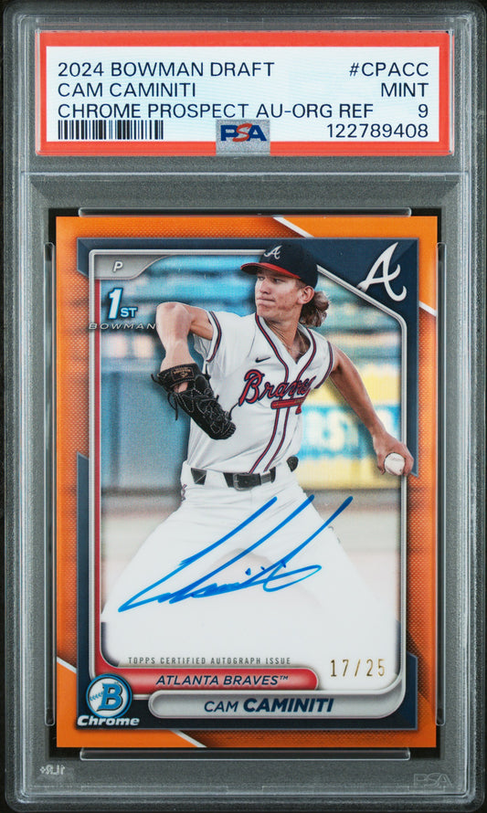Cam Caminiti 2024 Bowman Chrome Draft Orange Refractor Auto #7/25 PSA 9 Mint