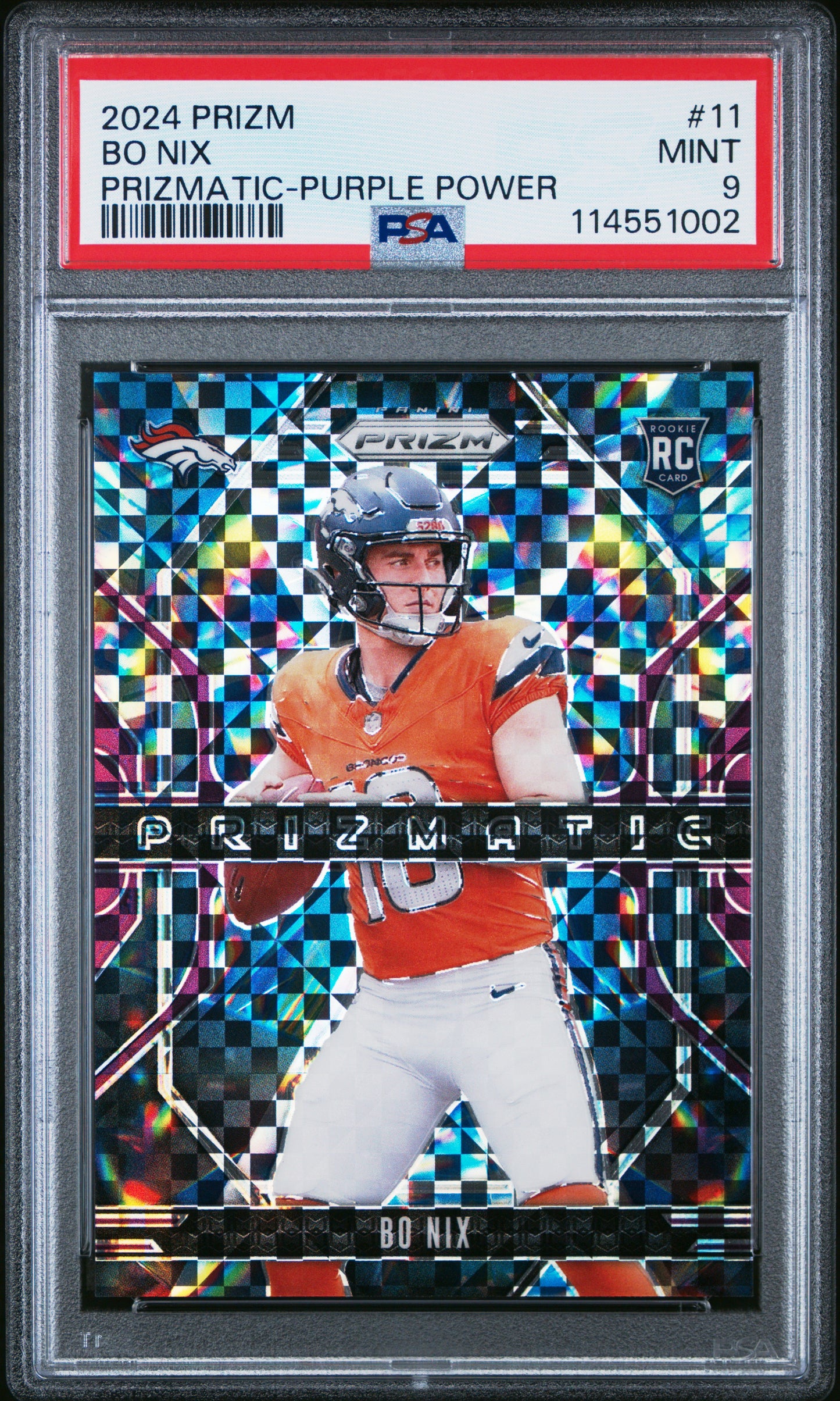 Bo Nix 2024 Panini Prizm Prizmatic Purple Power #49/49 PSA 9 Mint