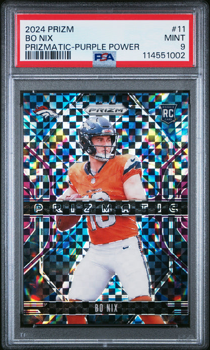 Bo Nix 2024 Panini Prizm Prizmatic Purple Power #49/49 PSA 9 Mint